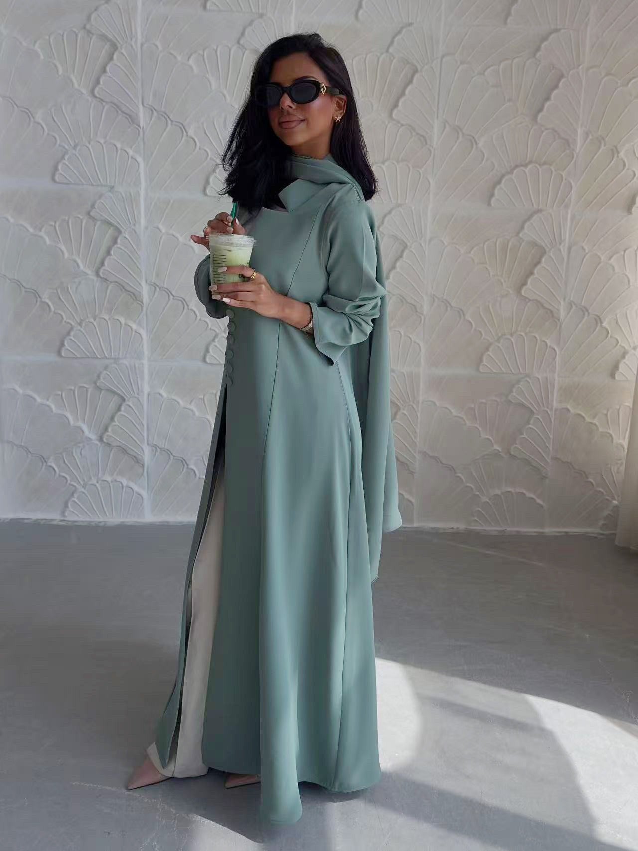 LM312 Cardigan Col Blazer Modeste avec Ensemble Hijab - Abaya 2 Pièces Boutonnée Devant pour Femmes Musulmanes