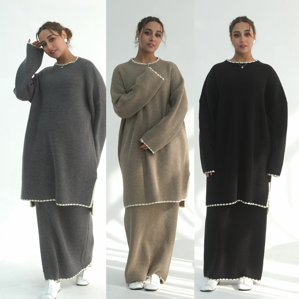 LM325 Ensemble 2 Pièces Tricot Épais Hiver - Mode Modeste Chaude pour Femmes Musulmanes