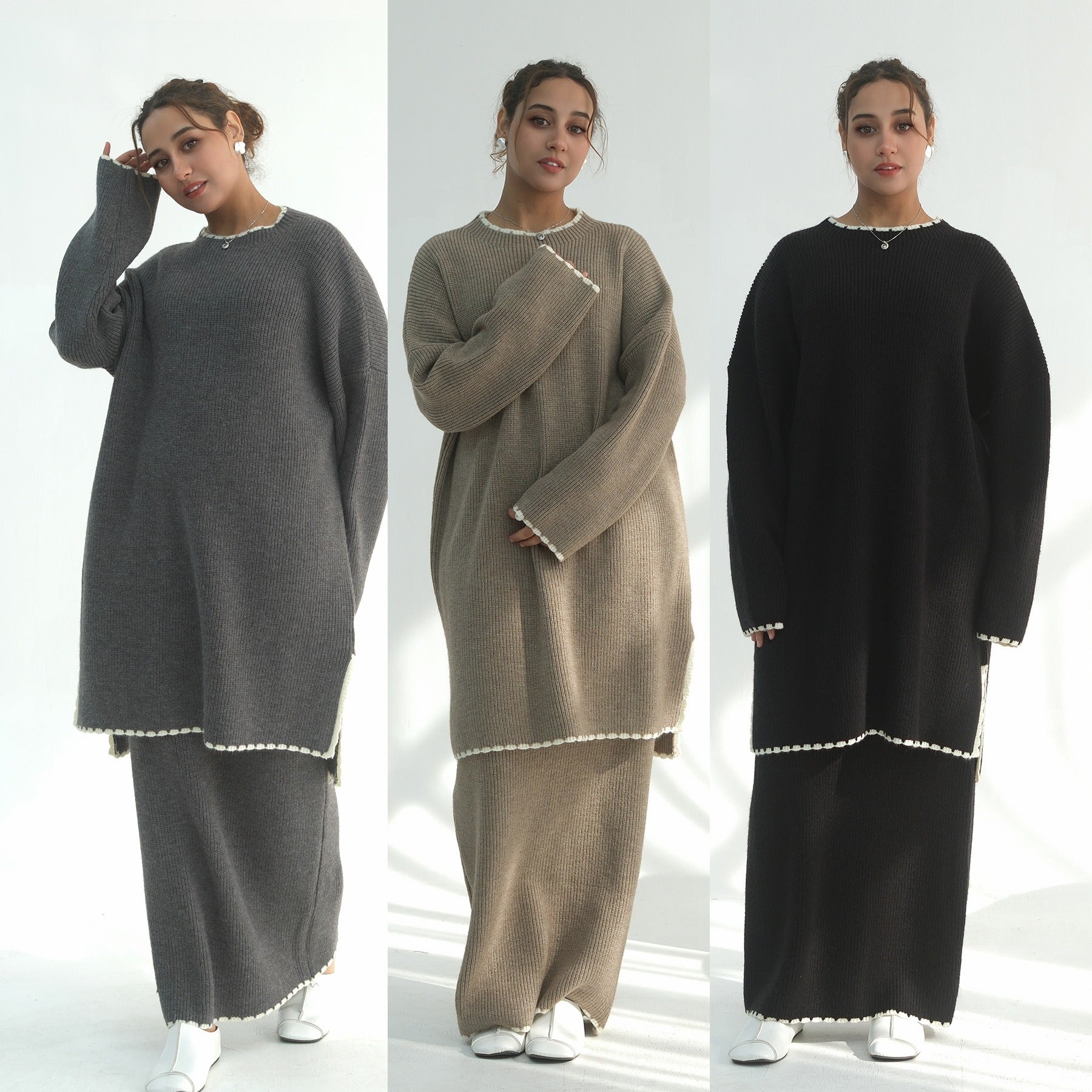 LM325 Ensemble 2 Pièces Tricot Épais Hiver - Mode Modeste Chaude pour Femmes Musulmanes