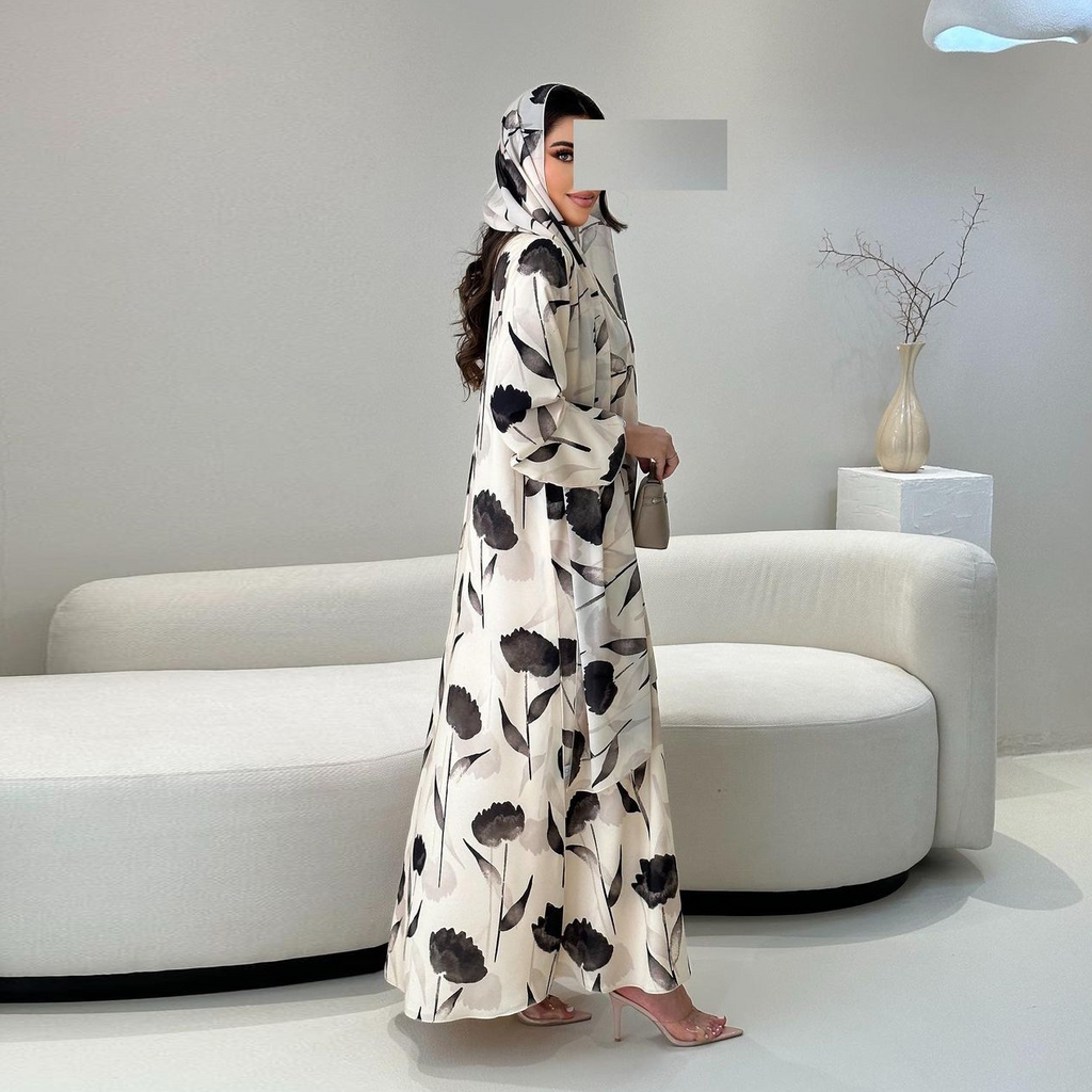 LM328 Robe Abaya Imprimée Manches Longues - Mode Islamique Modeste Femmes Musulmanes