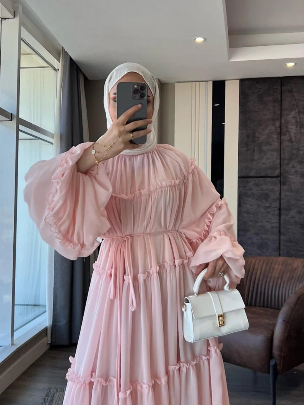 LM318 Robe Abaya Étagée Luxueuse - Mode Modeste Manches Longues