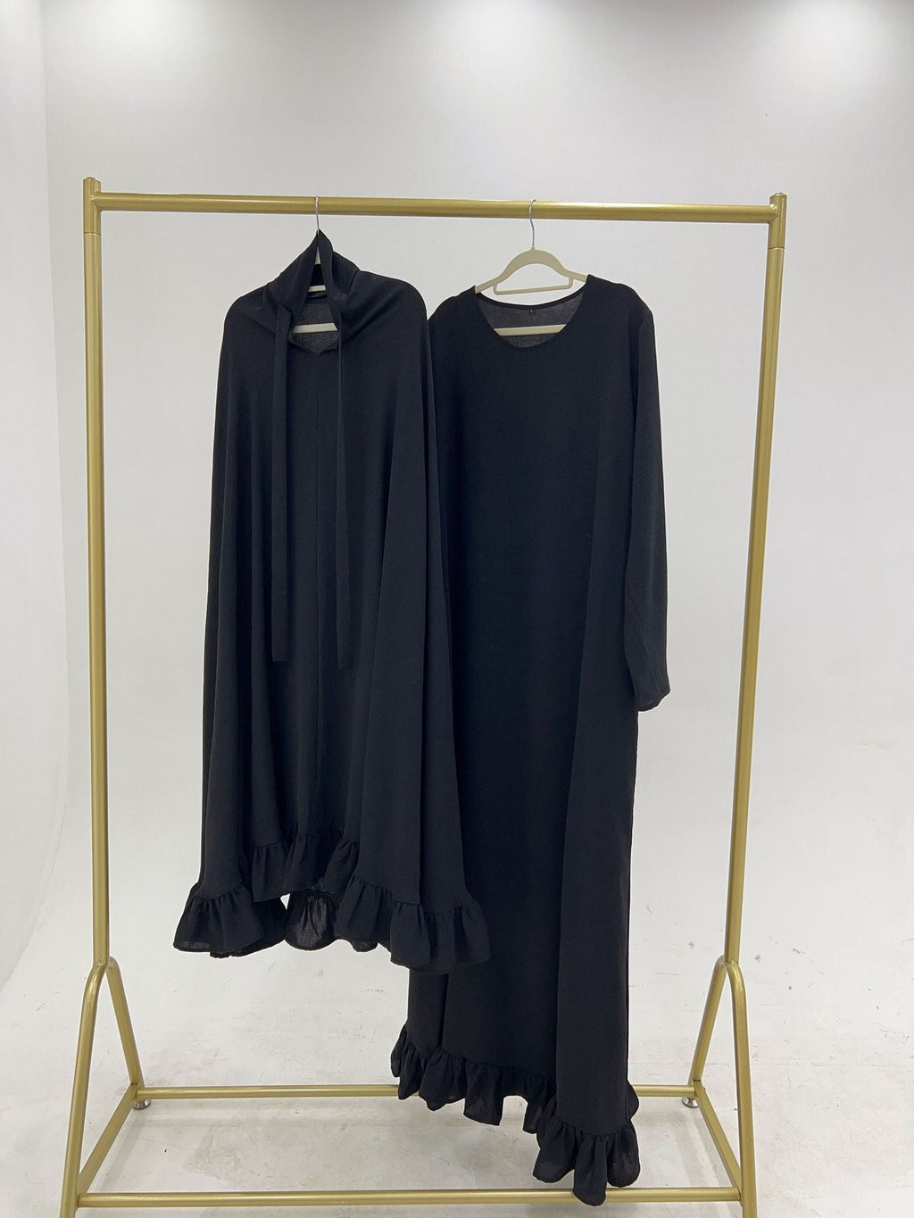 LM315 Robe de Prière Mousseline Froissée avec Grand Ensemble Hijab - Abaya Couleur Unie pour Femmes Musulmanes