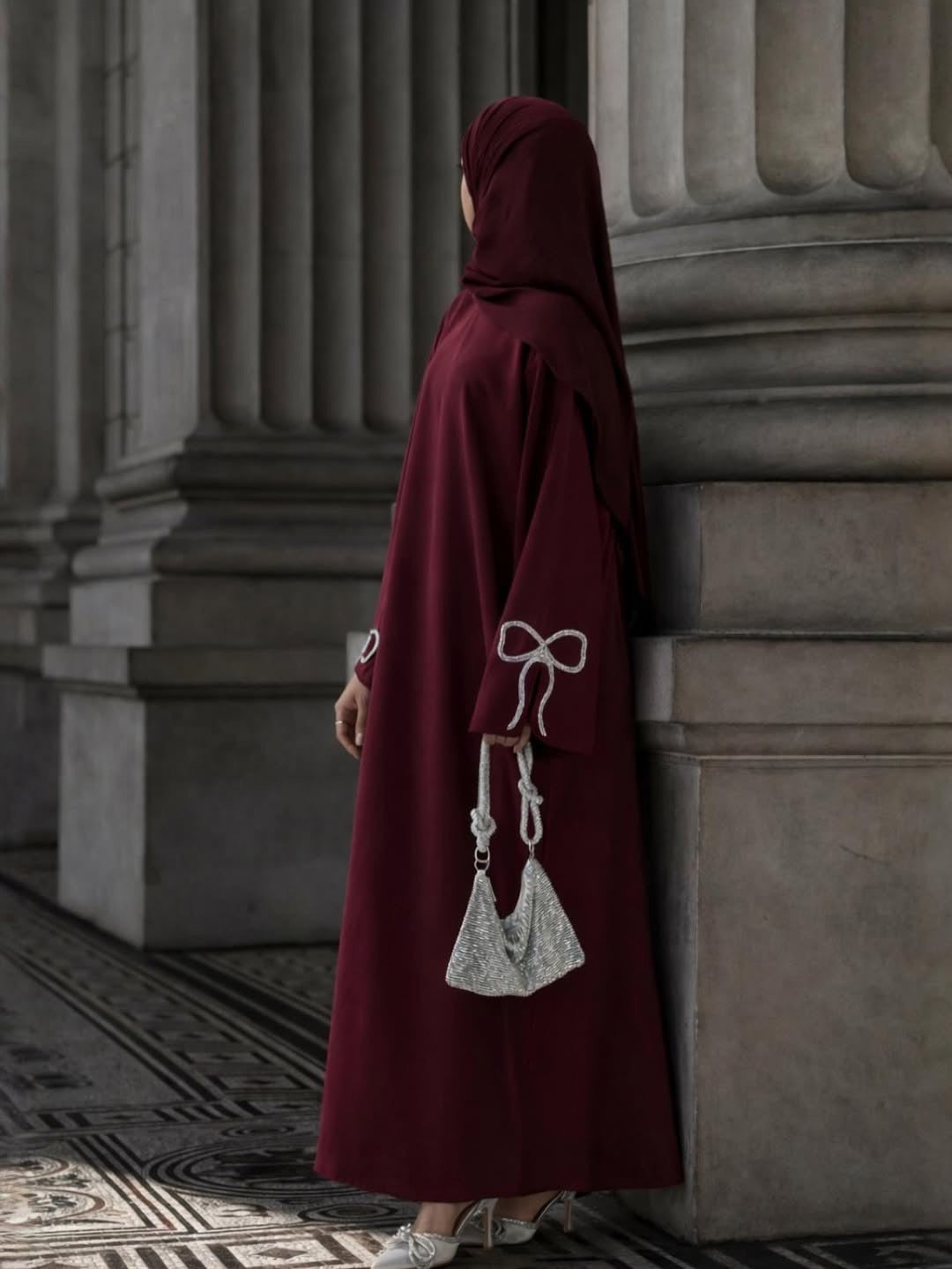LM311 Robe Abaya Luxueuse Manches Nœud Strass - Élégante Robe Maxi Perlée pour Femmes Musulmanes