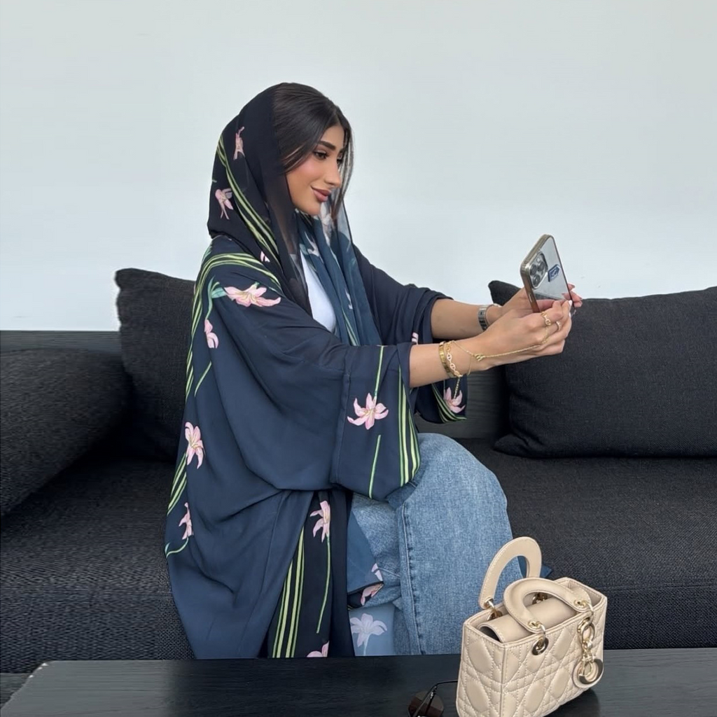 LM327 Cardigan Abaya Imprimé avec Hijab - Mode Modeste Femmes Musulmanes
