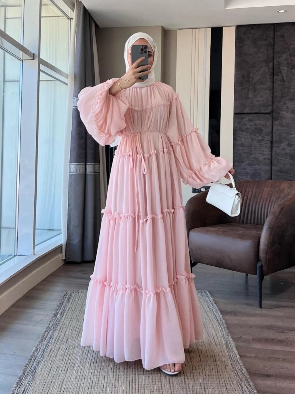 LM318 Robe Abaya Étagée Luxueuse - Mode Modeste Manches Longues