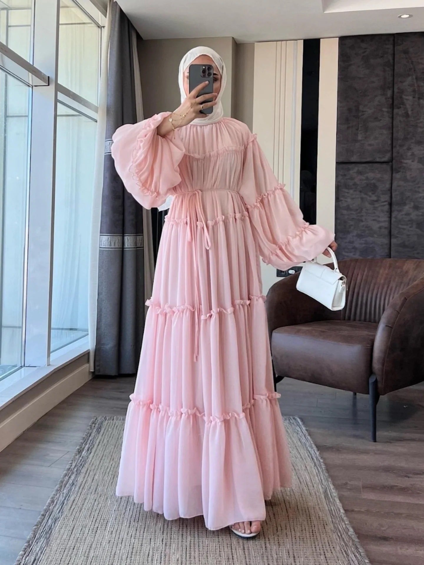 LM318 Robe Abaya Étagée Luxueuse - Mode Modeste Manches Longues
