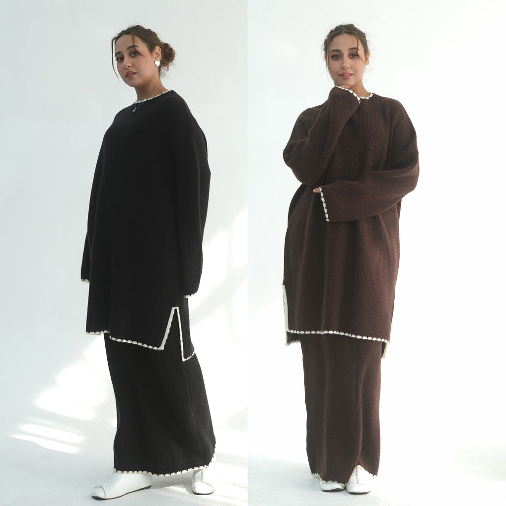 LM325 Ensemble 2 Pièces Tricot Épais Hiver - Mode Modeste Chaude pour Femmes Musulmanes