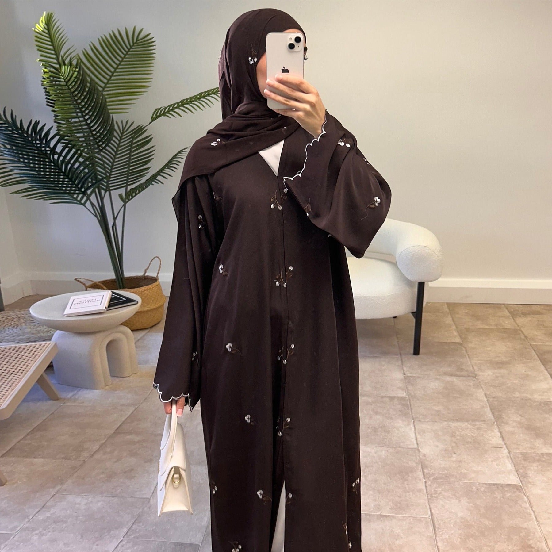 LM314 Cardigan Broderie Florale avec Ensemble Hijab - Tenue Modeste Élégante 2 Pièces pour Femmes Musulmanes