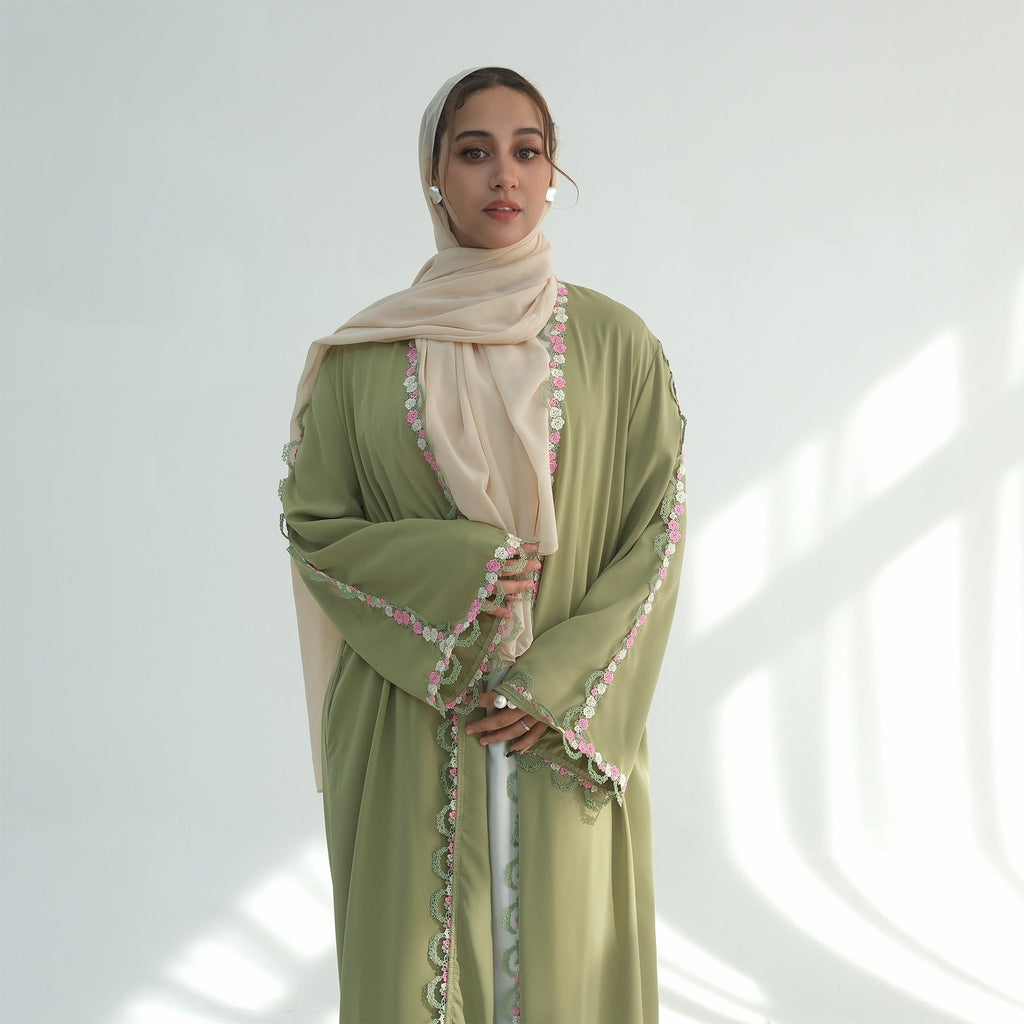 LM324 Cardigan Abaya Broderie Florale - Mode Modeste Femmes Musulmanes