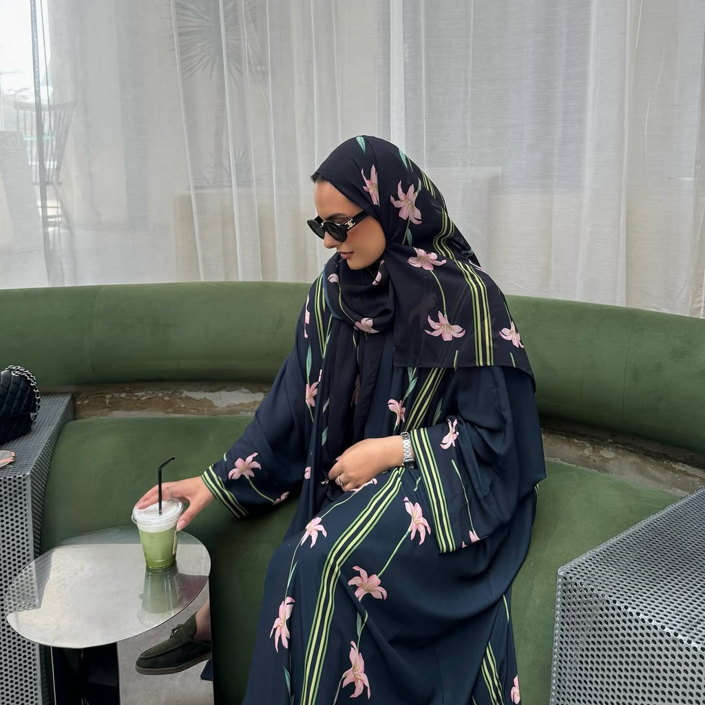 LM327 Cardigan Abaya Imprimé avec Hijab - Mode Modeste Femmes Musulmanes