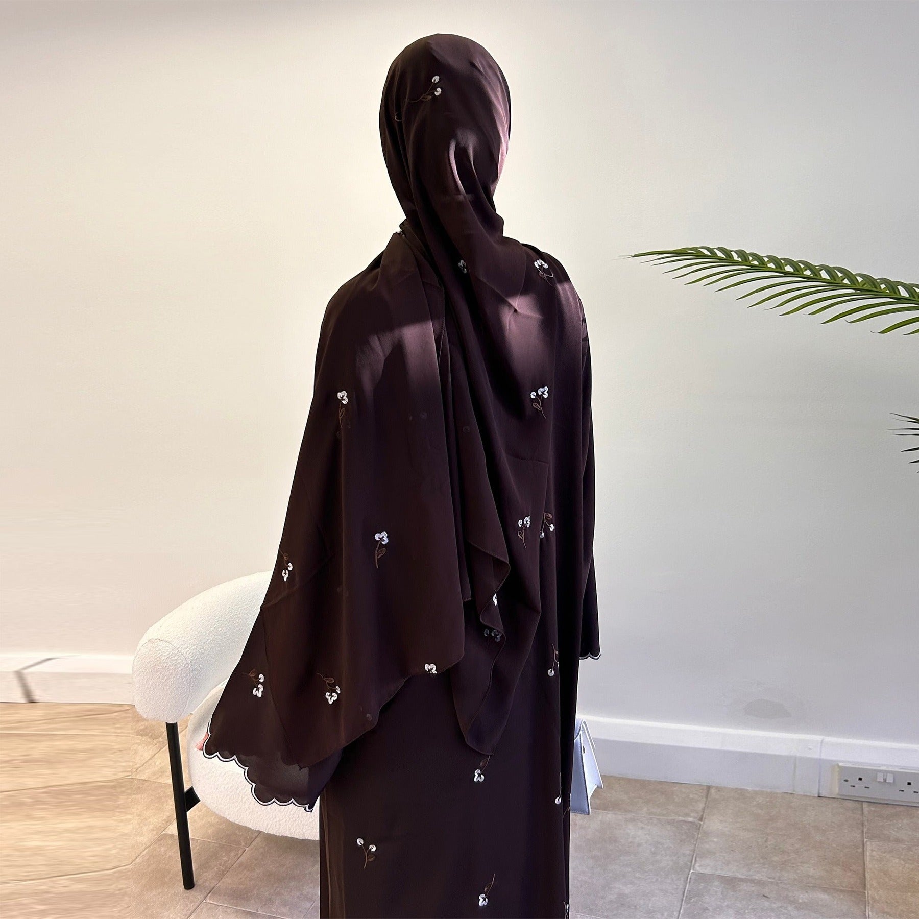LM314 Cardigan Broderie Florale avec Ensemble Hijab - Tenue Modeste Élégante 2 Pièces pour Femmes Musulmanes