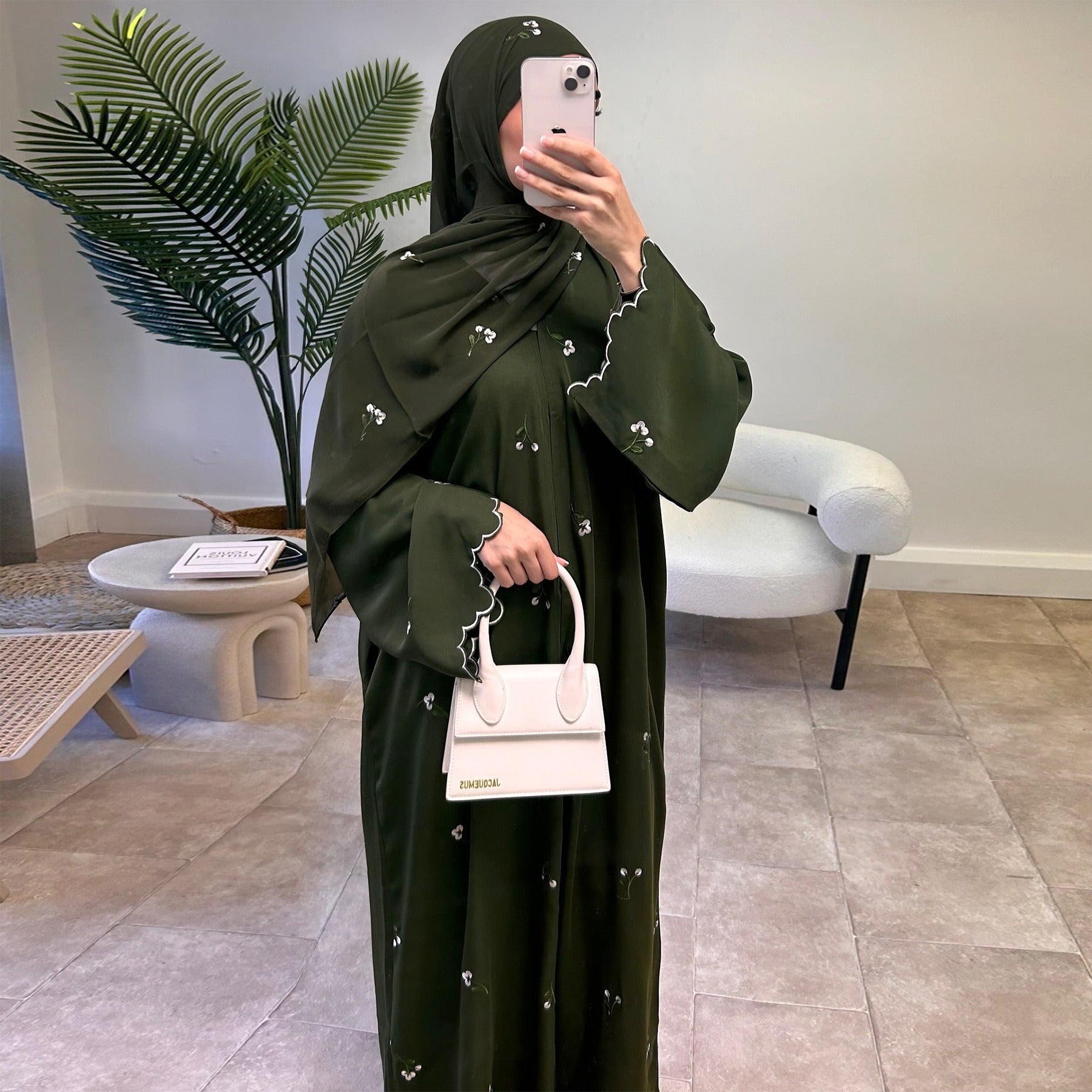LM314 Cardigan Broderie Florale avec Ensemble Hijab - Tenue Modeste Élégante 2 Pièces pour Femmes Musulmanes