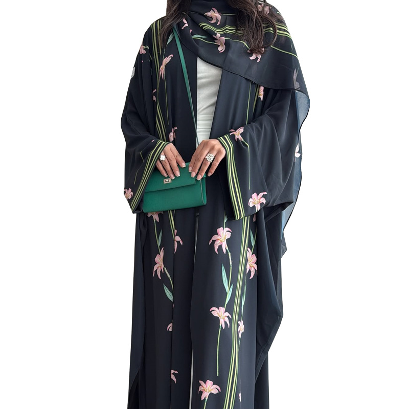 LM327 Cardigan Abaya Imprimé avec Hijab - Mode Modeste Femmes Musulmanes