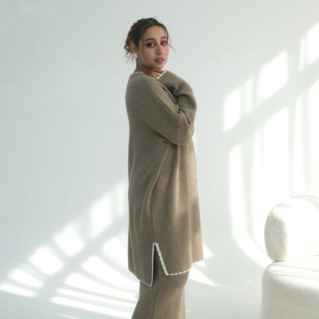 LM325 Ensemble 2 Pièces Tricot Épais Hiver - Mode Modeste Chaude pour Femmes Musulmanes