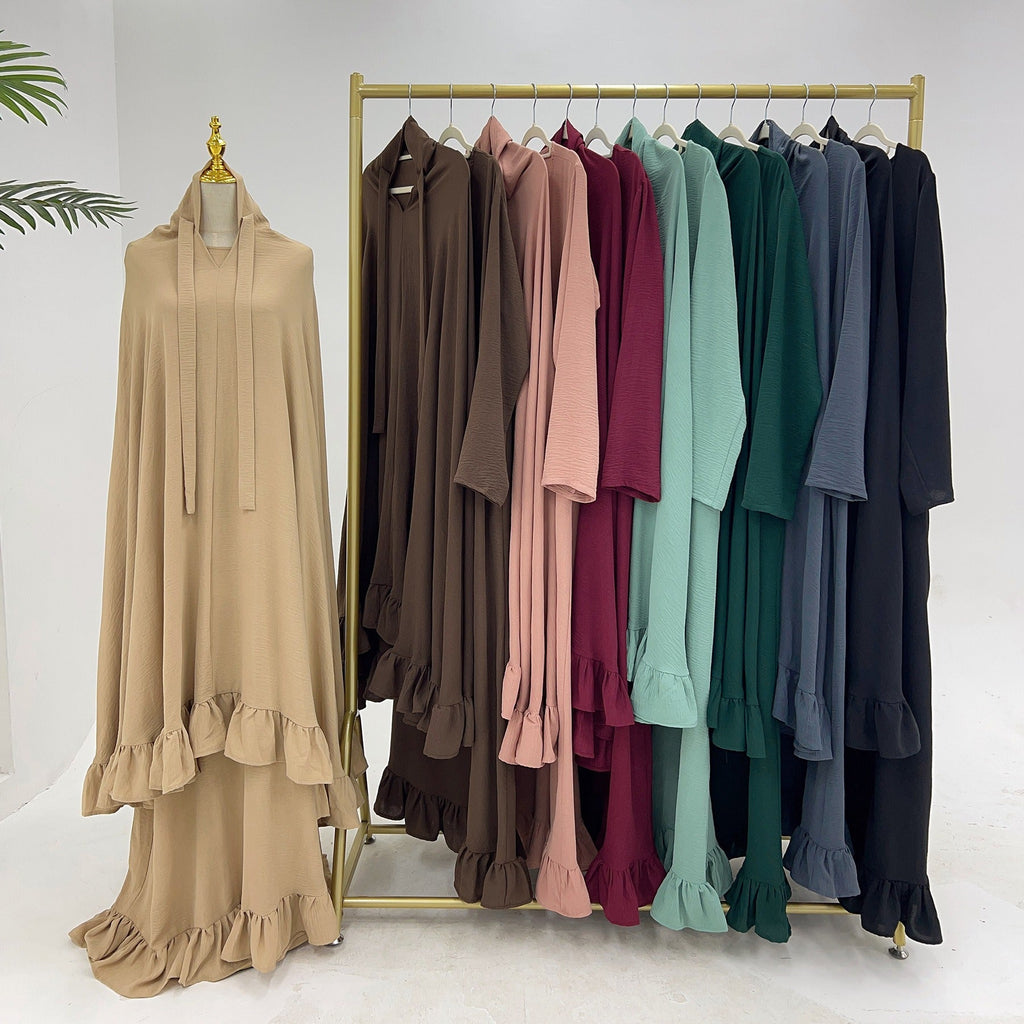 LM315 Robe de Prière Mousseline Froissée avec Grand Ensemble Hijab - Abaya Couleur Unie pour Femmes Musulmanes