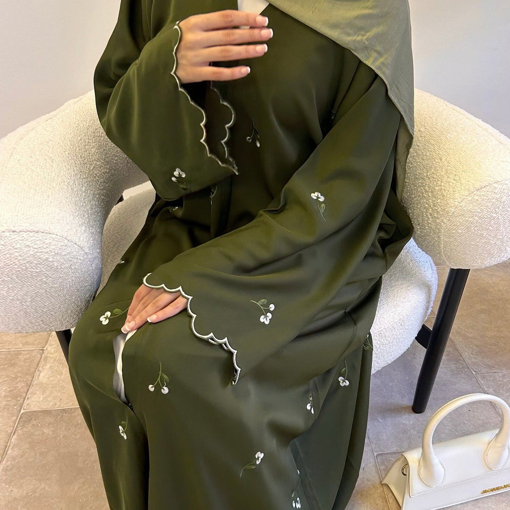 LM314 Cardigan Broderie Florale avec Ensemble Hijab - Tenue Modeste Élégante 2 Pièces pour Femmes Musulmanes