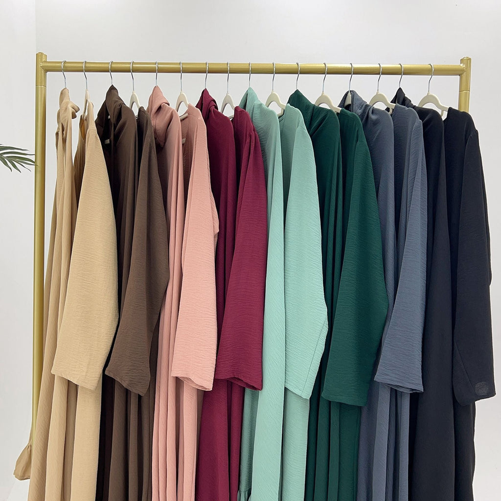 LM315 Robe de Prière Mousseline Froissée avec Grand Ensemble Hijab - Abaya Couleur Unie pour Femmes Musulmanes
