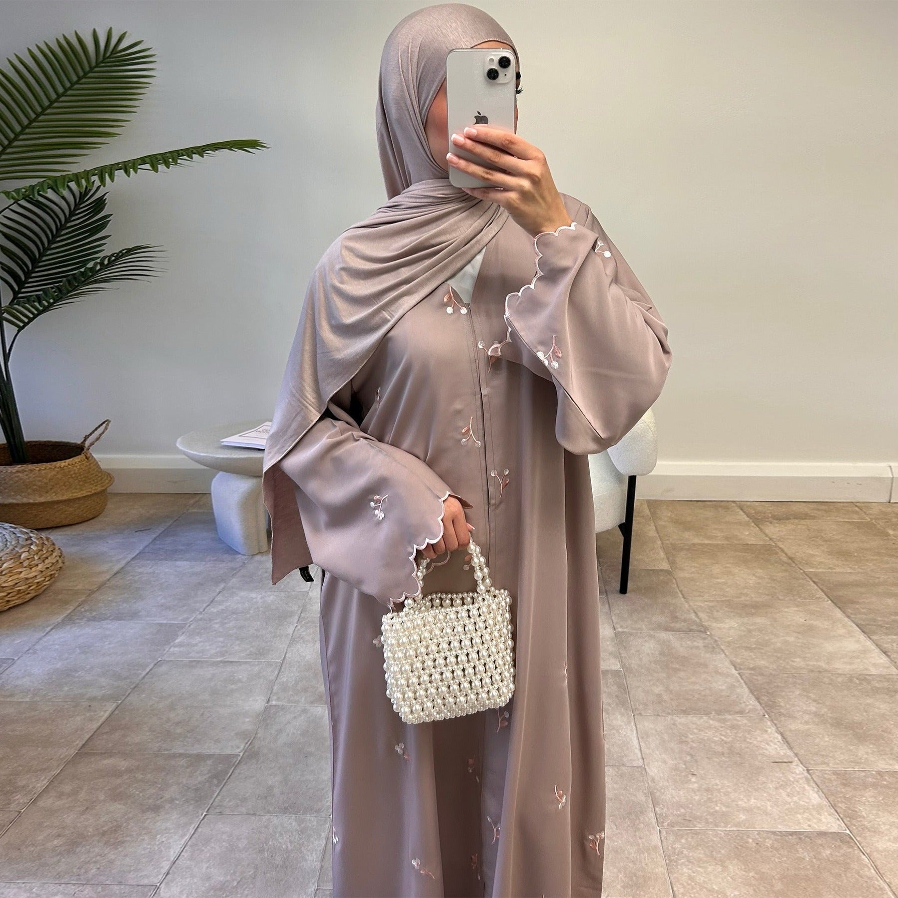 LM314 Cardigan Broderie Florale avec Ensemble Hijab - Tenue Modeste Élégante 2 Pièces pour Femmes Musulmanes