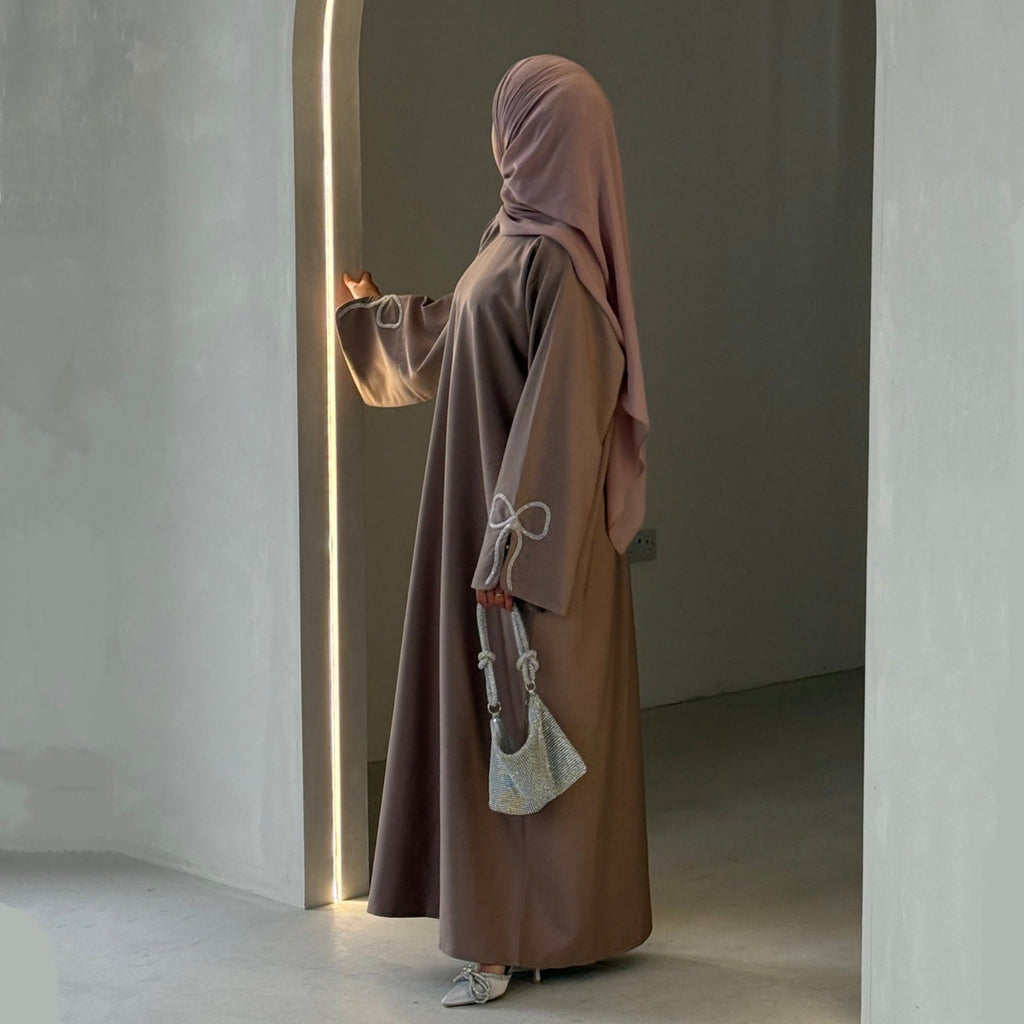 LM311 Robe Abaya Luxueuse Manches Nœud Strass - Élégante Robe Maxi Perlée pour Femmes Musulmanes