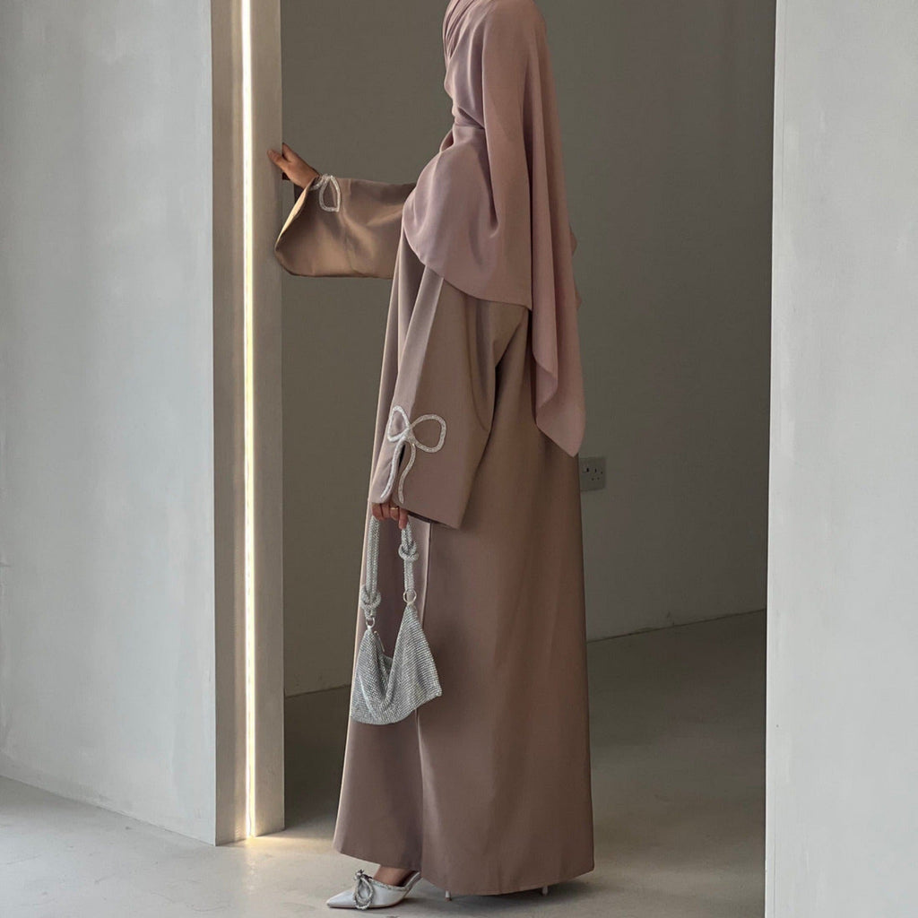 LM311 Robe Abaya Luxueuse Manches Nœud Strass - Élégante Robe Maxi Perlée pour Femmes Musulmanes