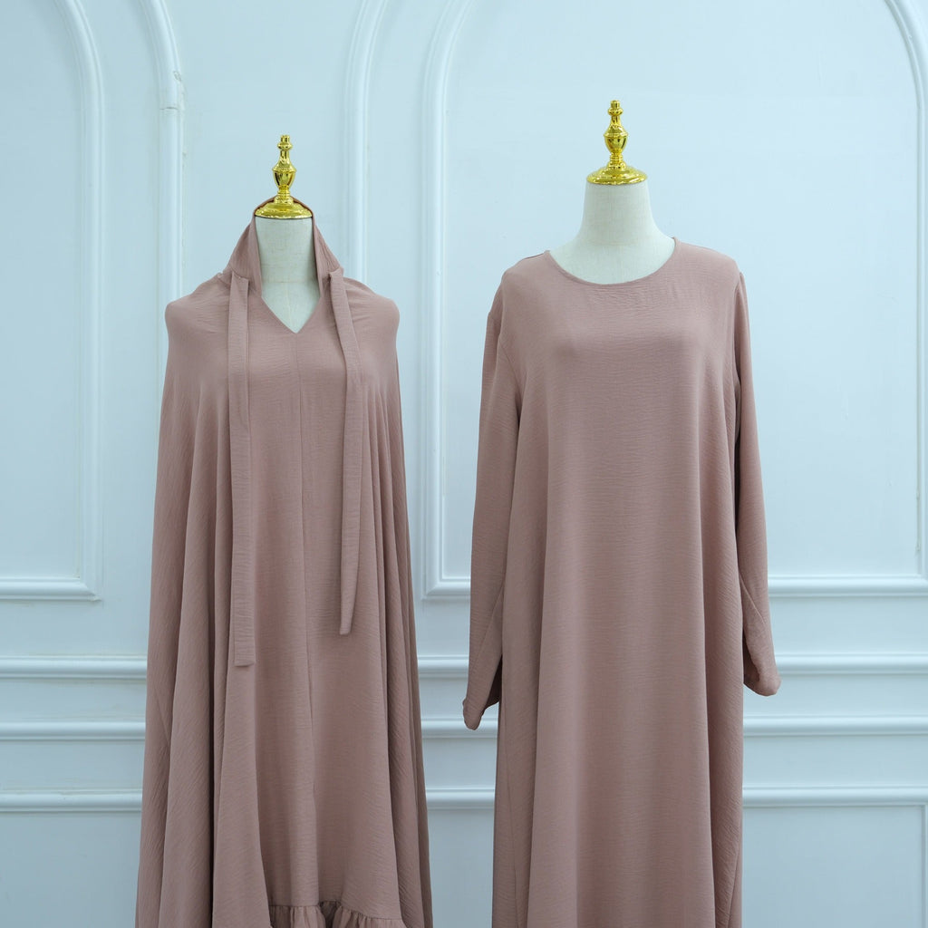 LM315 Robe de Prière Mousseline Froissée avec Grand Ensemble Hijab - Abaya Couleur Unie pour Femmes Musulmanes