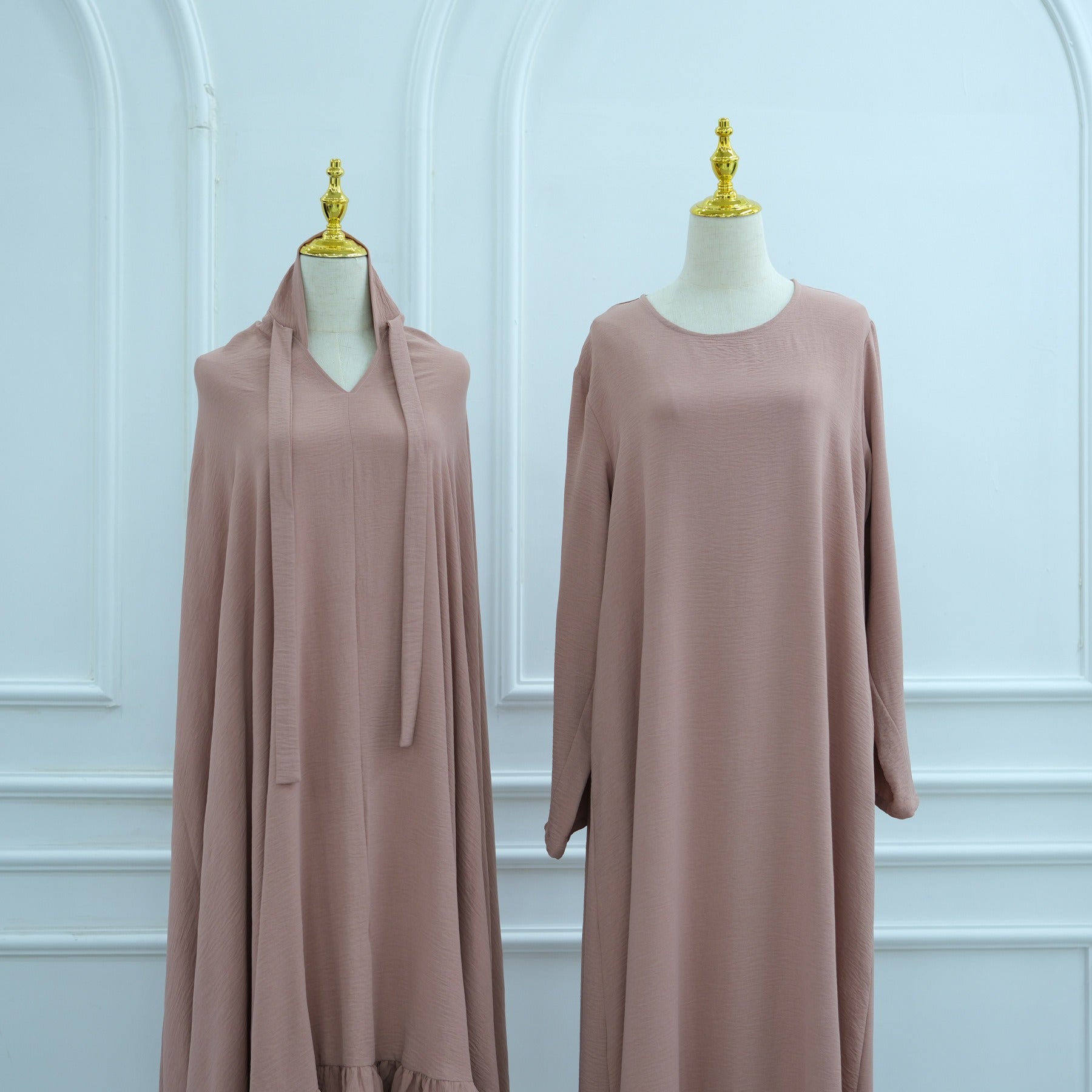 LM315 Robe de Prière Mousseline Froissée avec Grand Ensemble Hijab - Abaya Couleur Unie pour Femmes Musulmanes