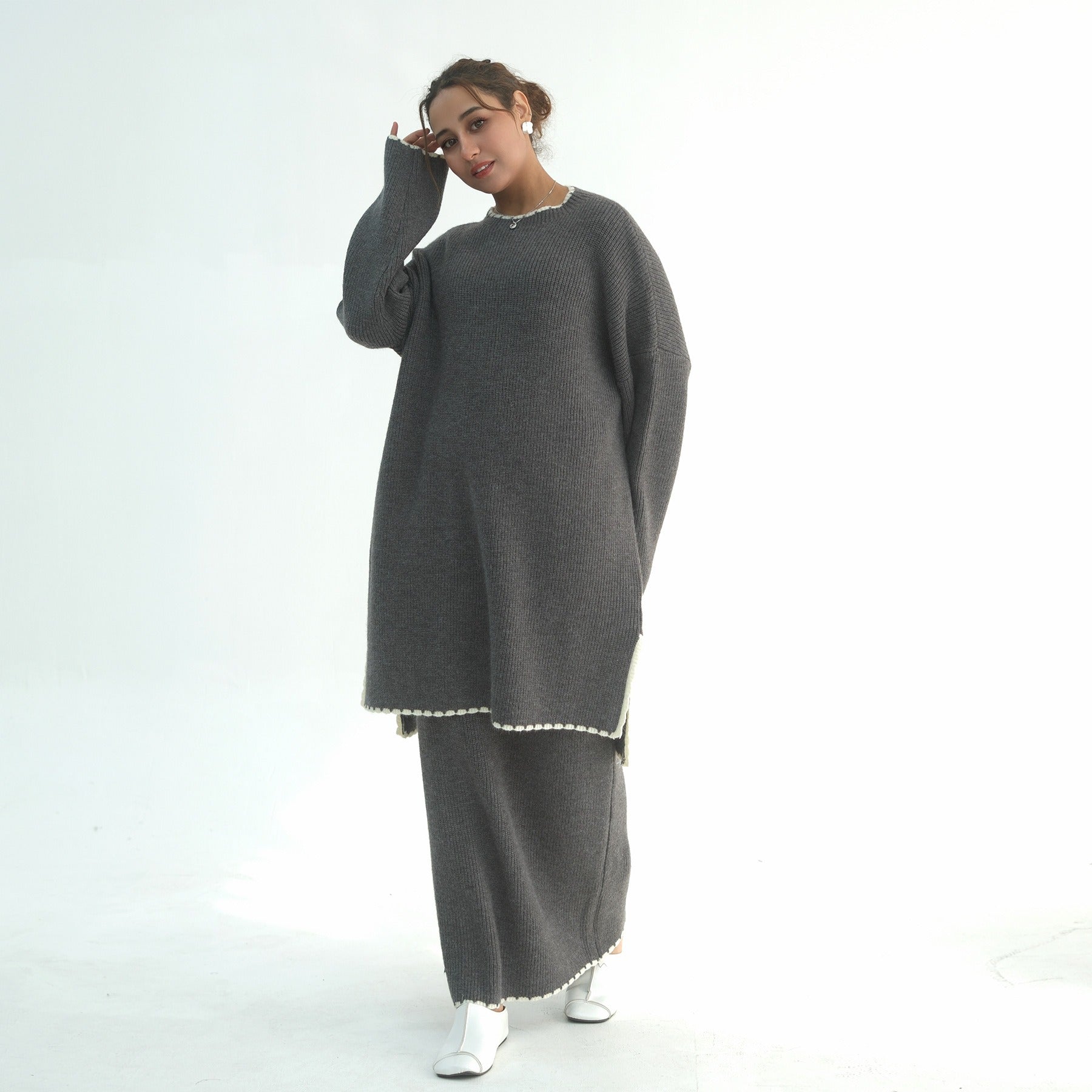 LM325 Ensemble 2 Pièces Tricot Épais Hiver - Mode Modeste Chaude pour Femmes Musulmanes