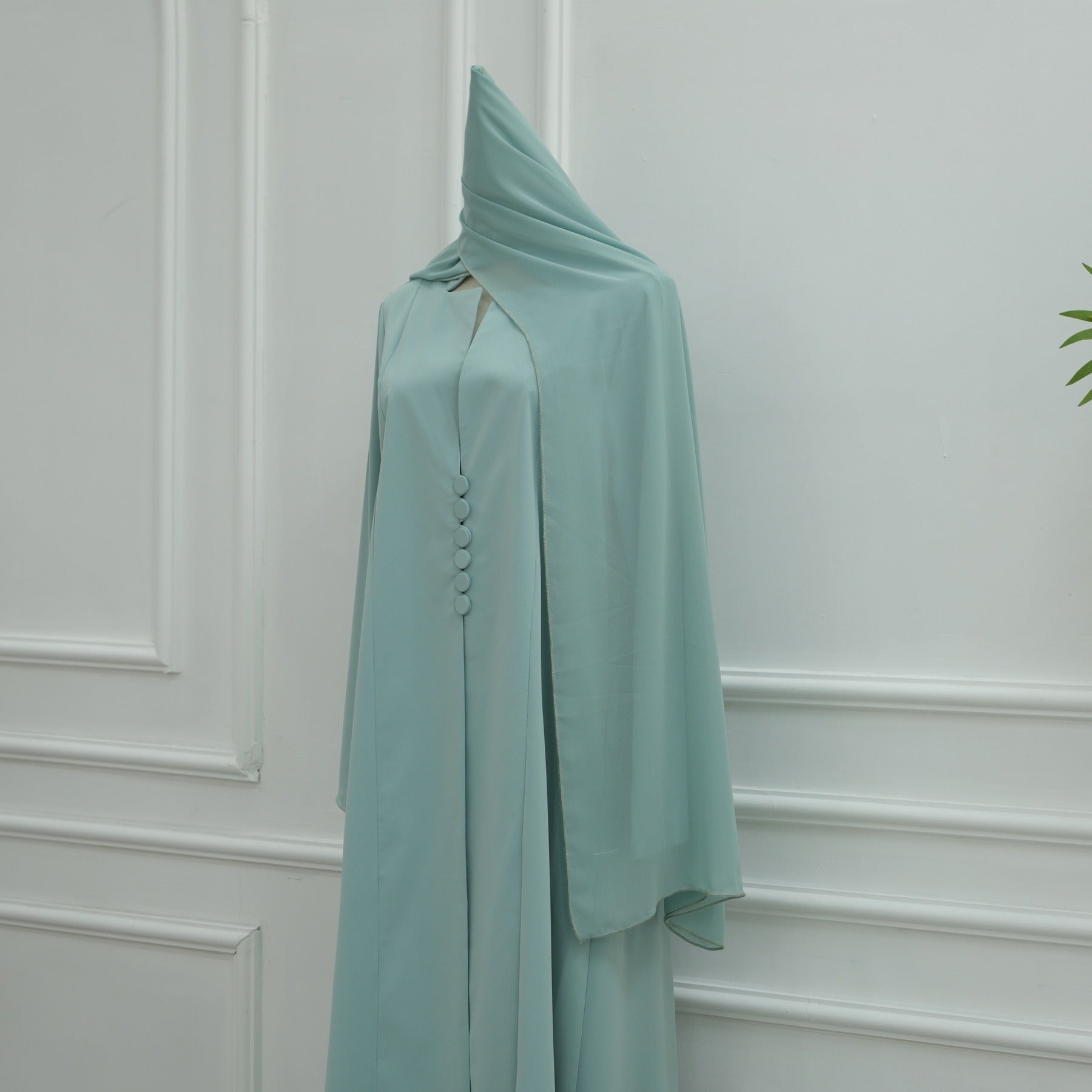 LM312 Cardigan Col Blazer Modeste avec Ensemble Hijab - Abaya 2 Pièces Boutonnée Devant pour Femmes Musulmanes