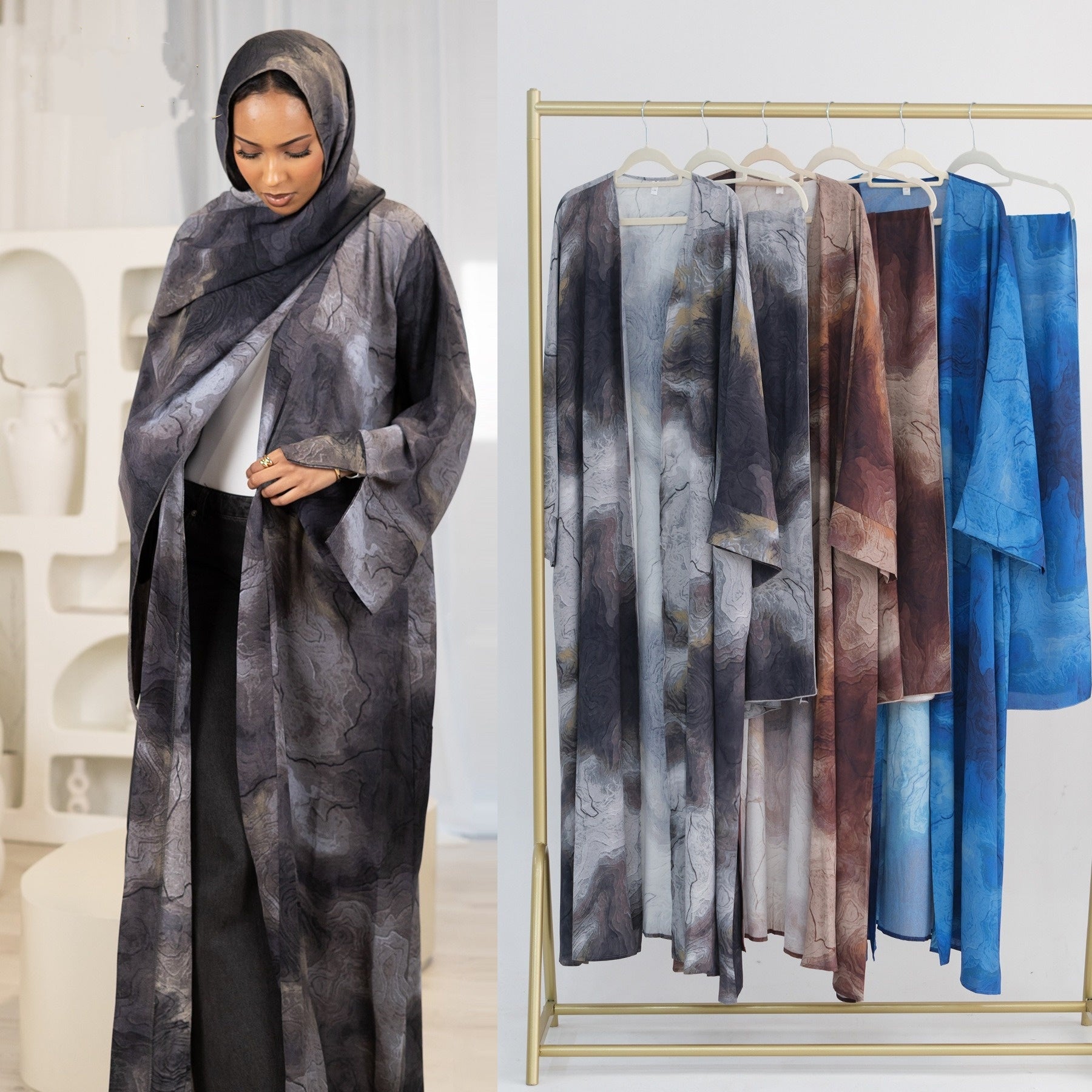 LM317 Ensemble Cardigan Imprimé & Hijab - Mode Modeste 2 Pièces