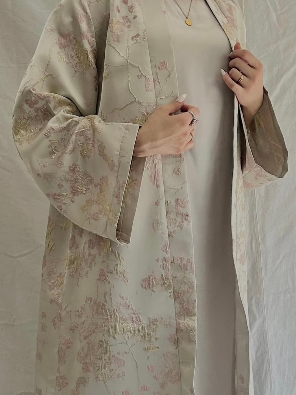 LM178 Robe Abaya Kimono Rose Sakura – Tenue Modeste Brodée pour Aïd & Mariages