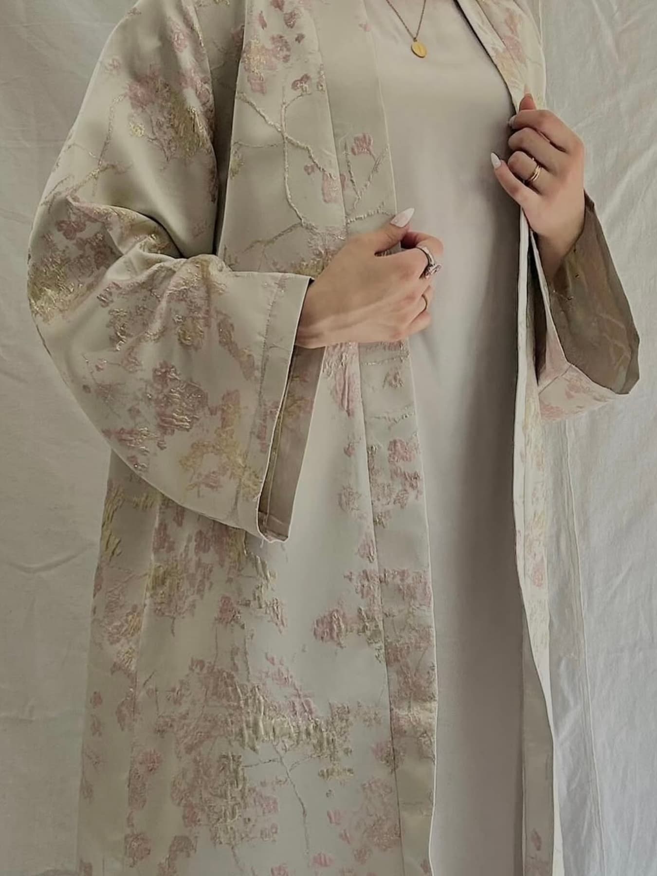 LM178 Robe Abaya Kimono Rose Sakura – Tenue Modeste Brodée pour Aïd & Mariages