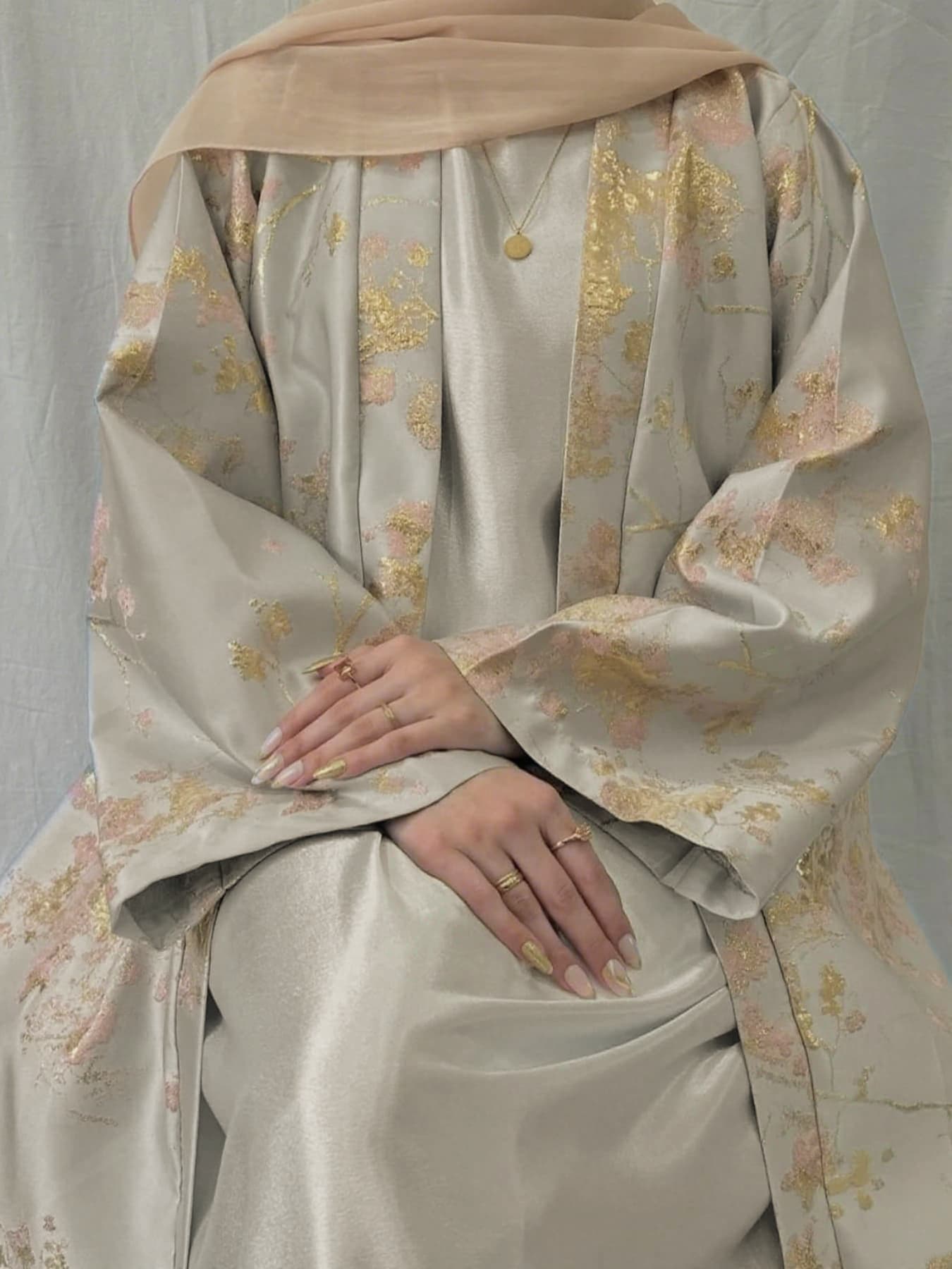 LM178 Robe Abaya Kimono Rose Sakura – Tenue Modeste Brodée pour Aïd & Mariages
