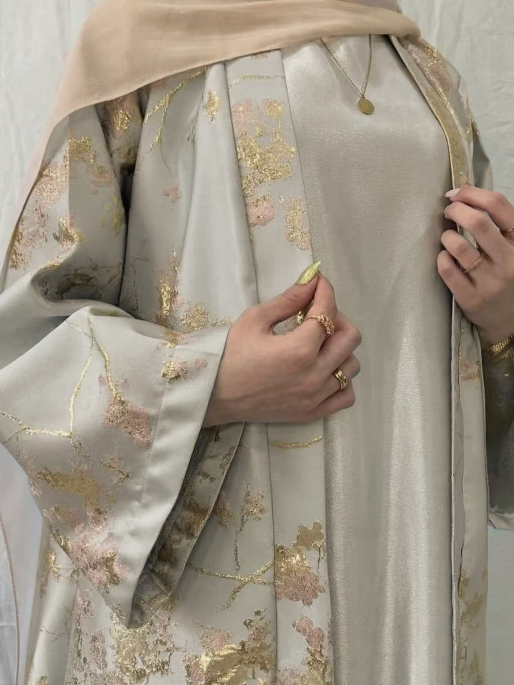 LM178 Robe Abaya Kimono Rose Sakura – Tenue Modeste Brodée pour Aïd & Mariages