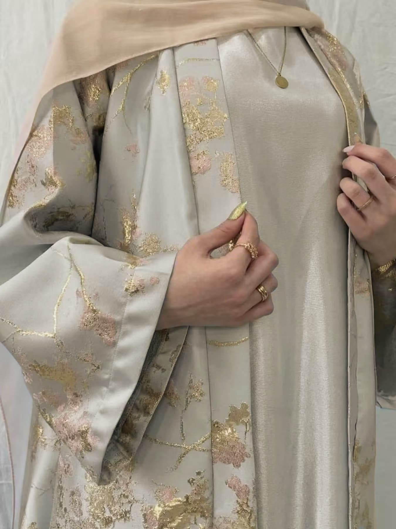 LM178 Robe Abaya Kimono Rose Sakura – Tenue Modeste Brodée pour Aïd & Mariages