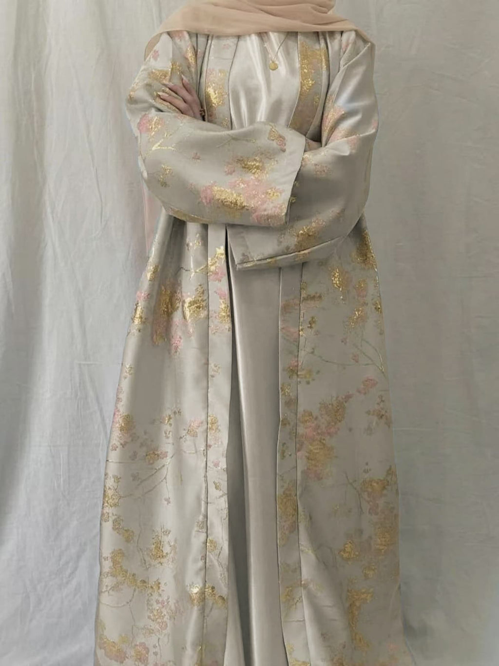 LM178 Robe Abaya Kimono Rose Sakura – Tenue Modeste Brodée pour Aïd & Mariages