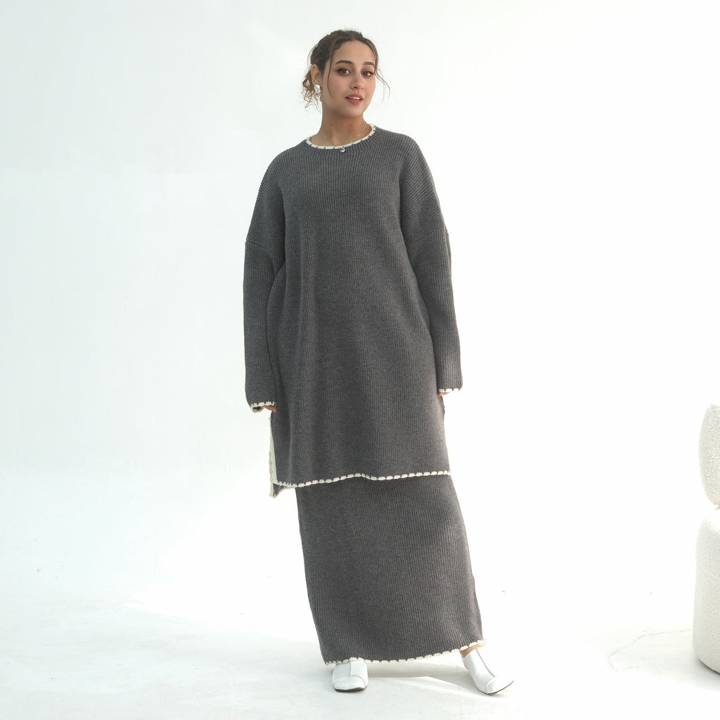 LM325 Ensemble 2 Pièces Tricot Épais Hiver - Mode Modeste Chaude pour Femmes Musulmanes
