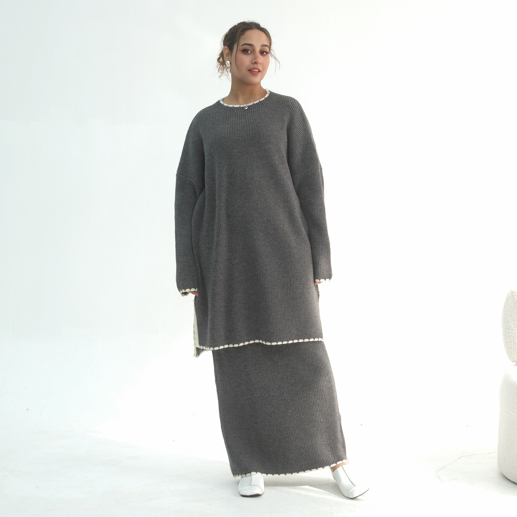 LM325 Ensemble 2 Pièces Tricot Épais Hiver - Mode Modeste Chaude pour Femmes Musulmanes