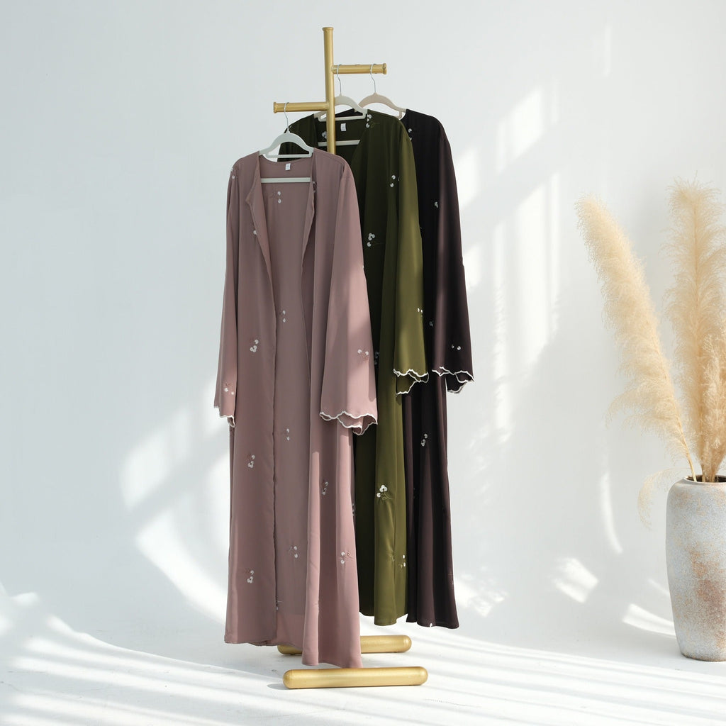 LM314 Cardigan Broderie Florale avec Ensemble Hijab - Tenue Modeste Élégante 2 Pièces pour Femmes Musulmanes