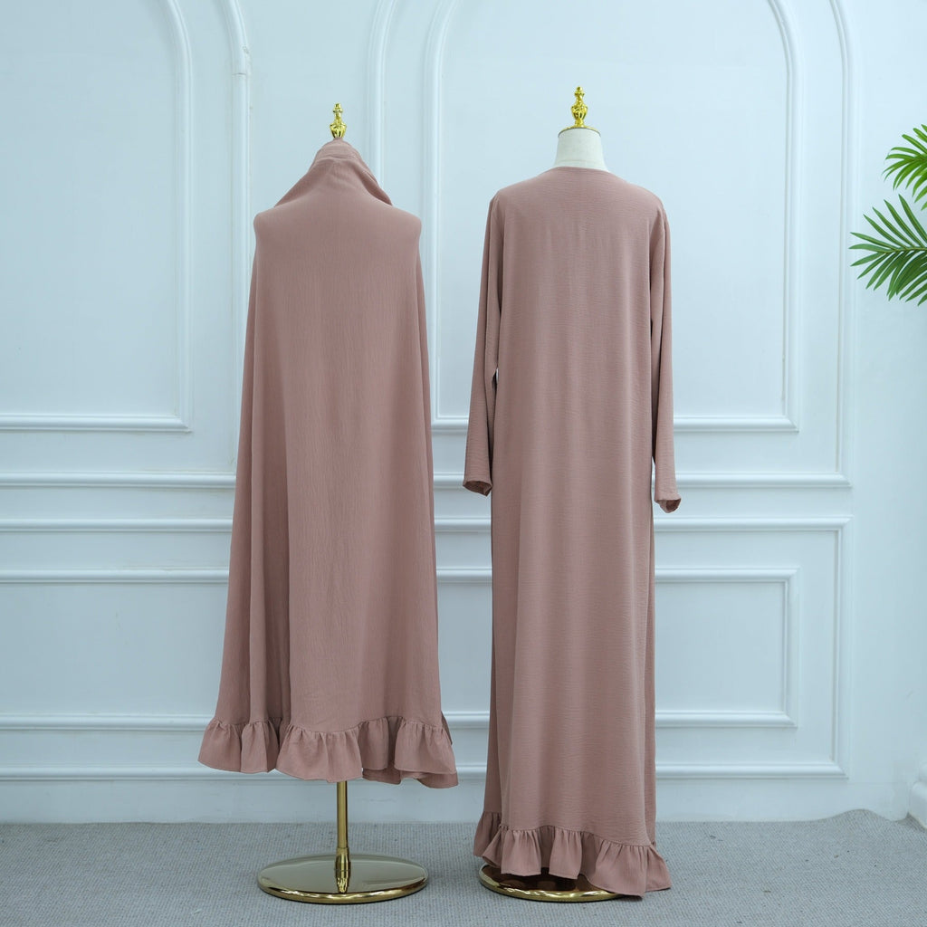 LM315 Robe de Prière Mousseline Froissée avec Grand Ensemble Hijab - Abaya Couleur Unie pour Femmes Musulmanes