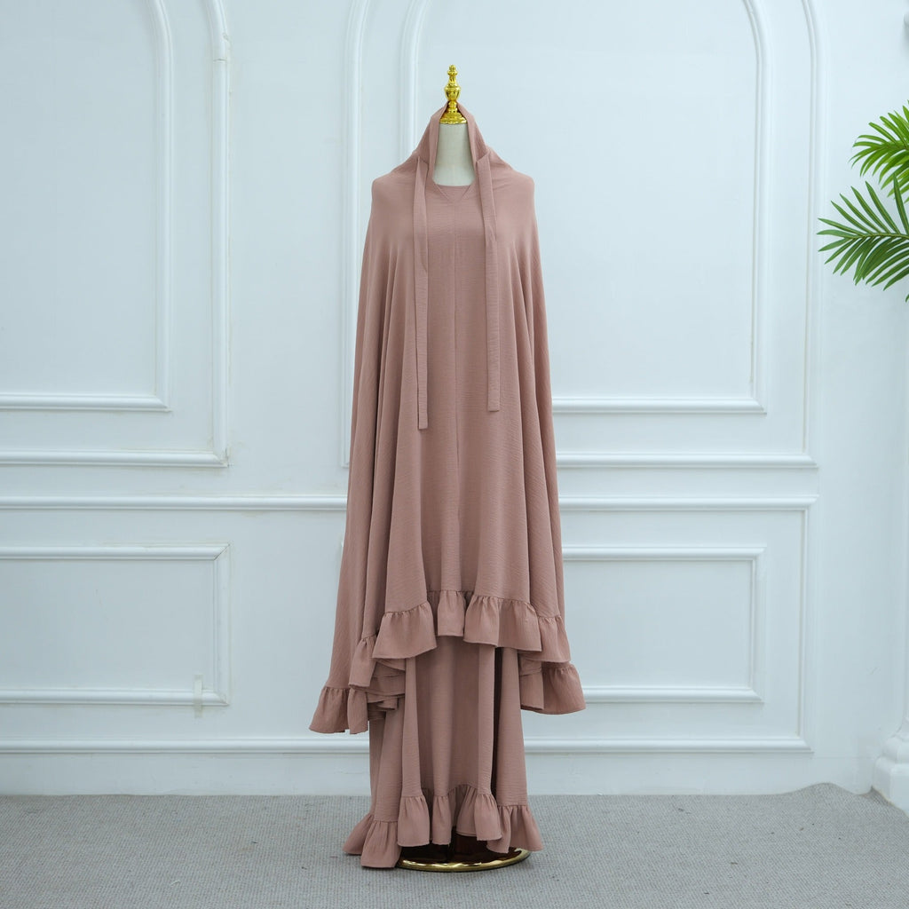 LM315 Robe de Prière Mousseline Froissée avec Grand Ensemble Hijab - Abaya Couleur Unie pour Femmes Musulmanes