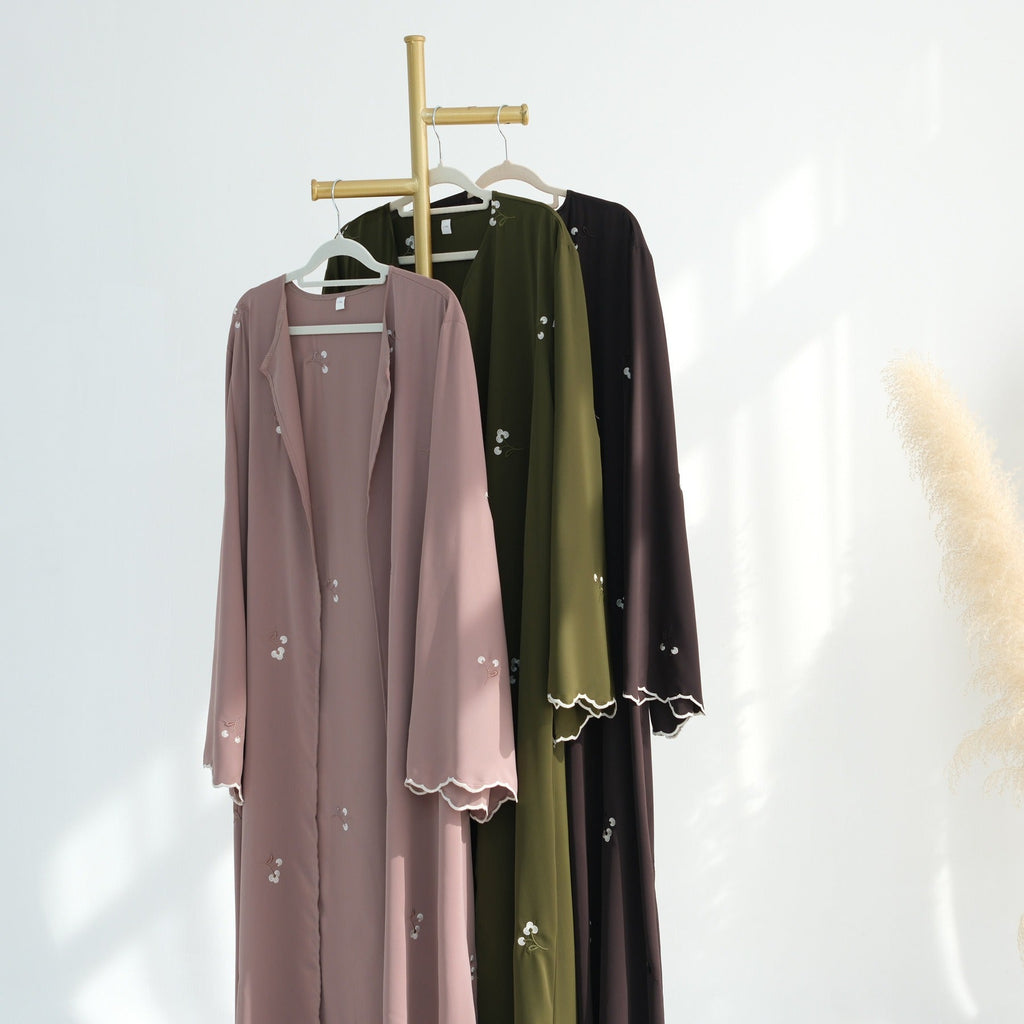 LM314 Cardigan Broderie Florale avec Ensemble Hijab - Tenue Modeste Élégante 2 Pièces pour Femmes Musulmanes