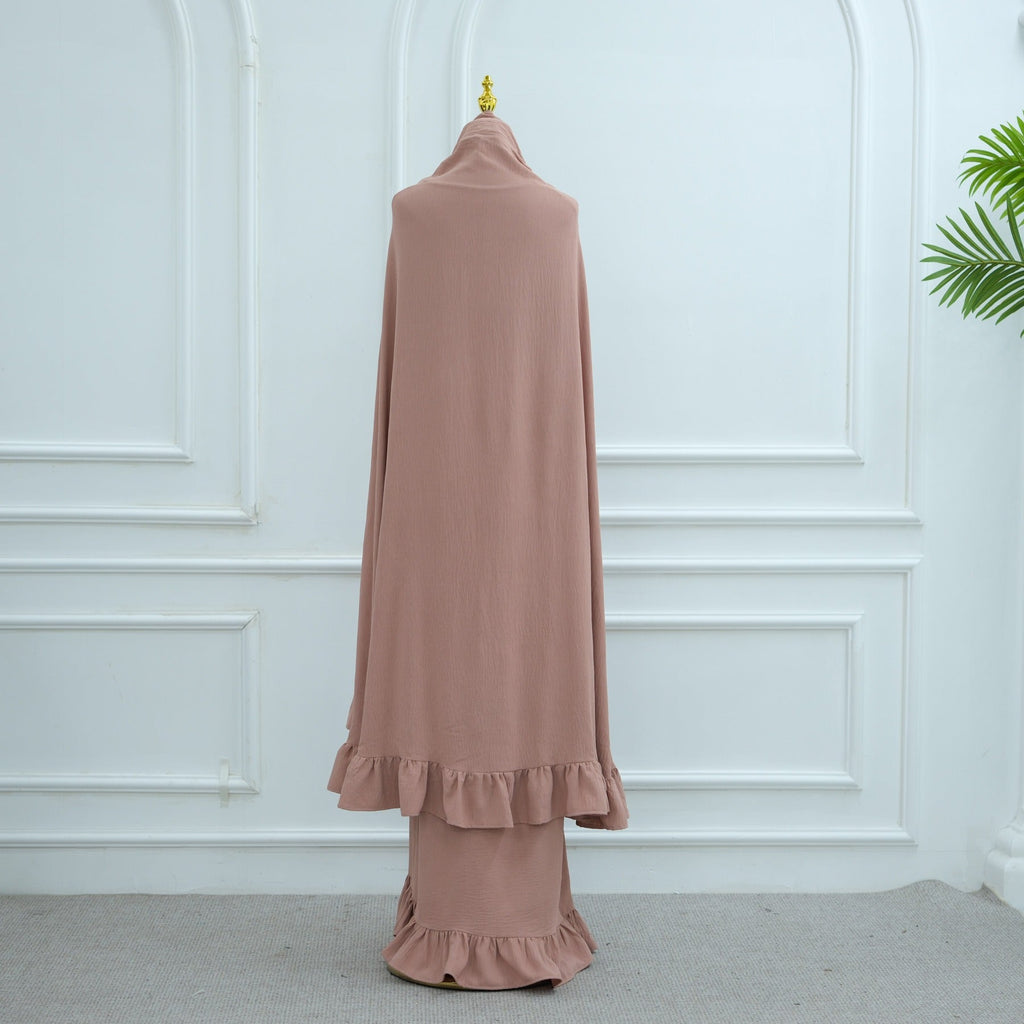 LM315 Robe de Prière Mousseline Froissée avec Grand Ensemble Hijab - Abaya Couleur Unie pour Femmes Musulmanes
