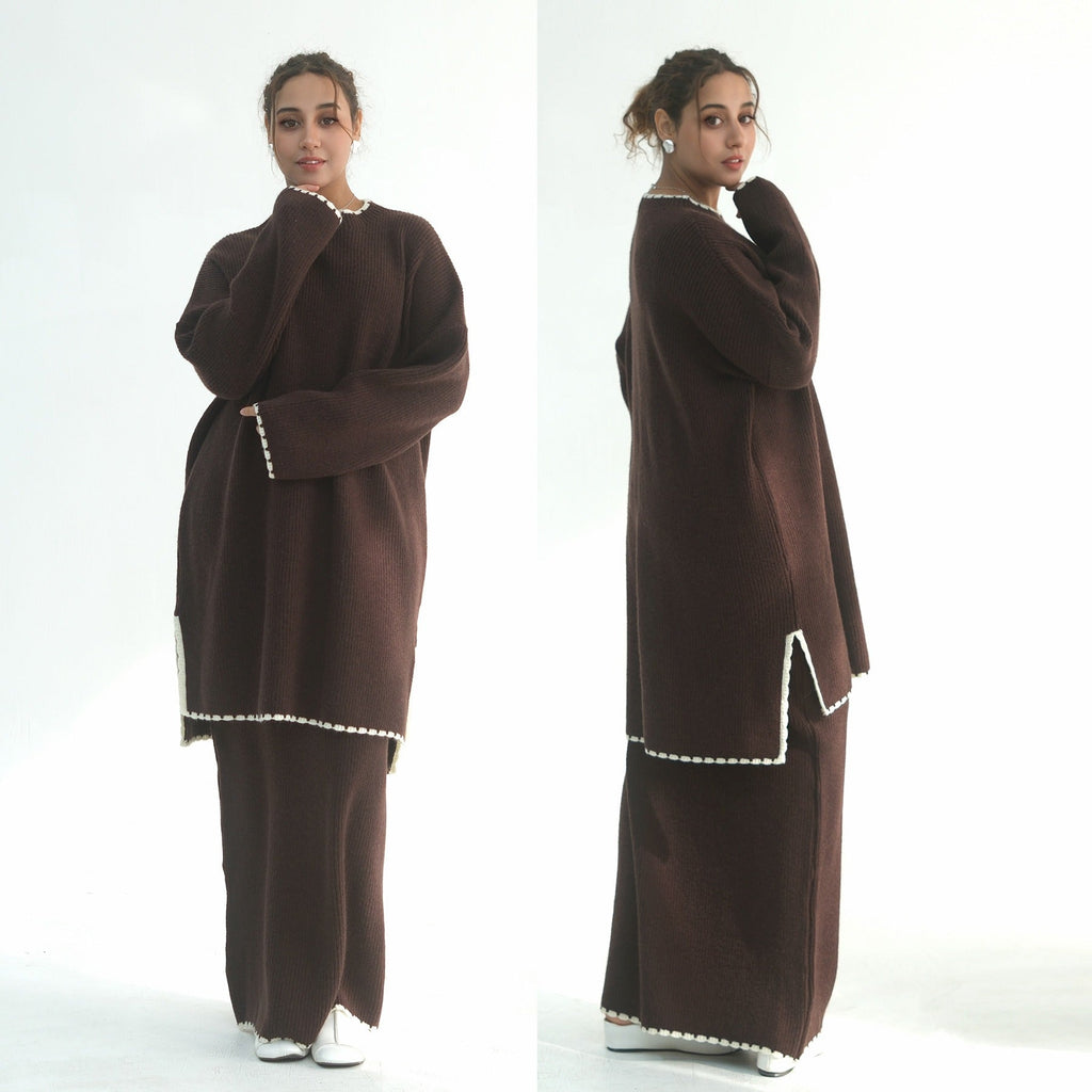 LM325 Ensemble 2 Pièces Tricot Épais Hiver - Mode Modeste Chaude pour Femmes Musulmanes