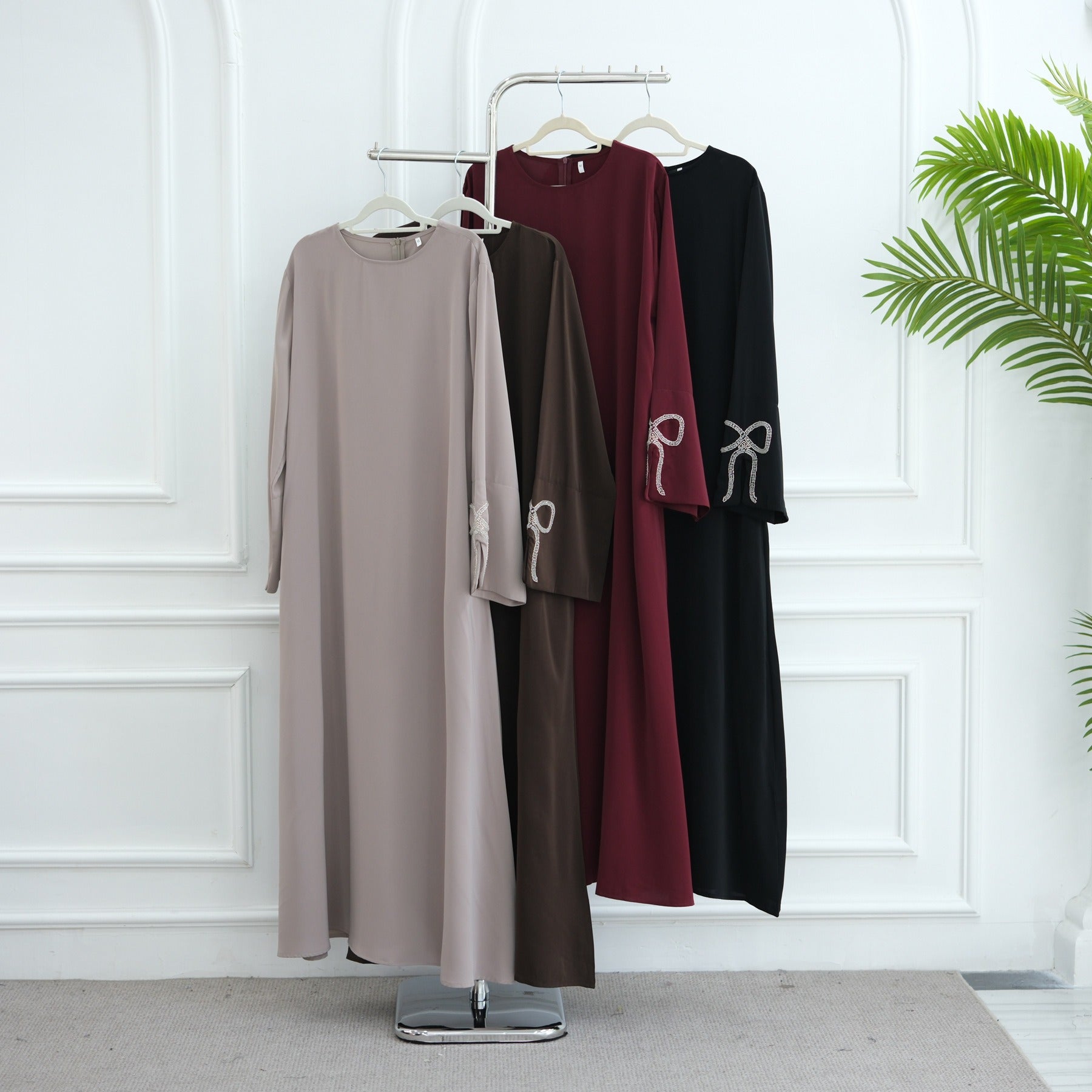 LM311 Robe Abaya Luxueuse Manches Nœud Strass - Élégante Robe Maxi Perlée pour Femmes Musulmanes
