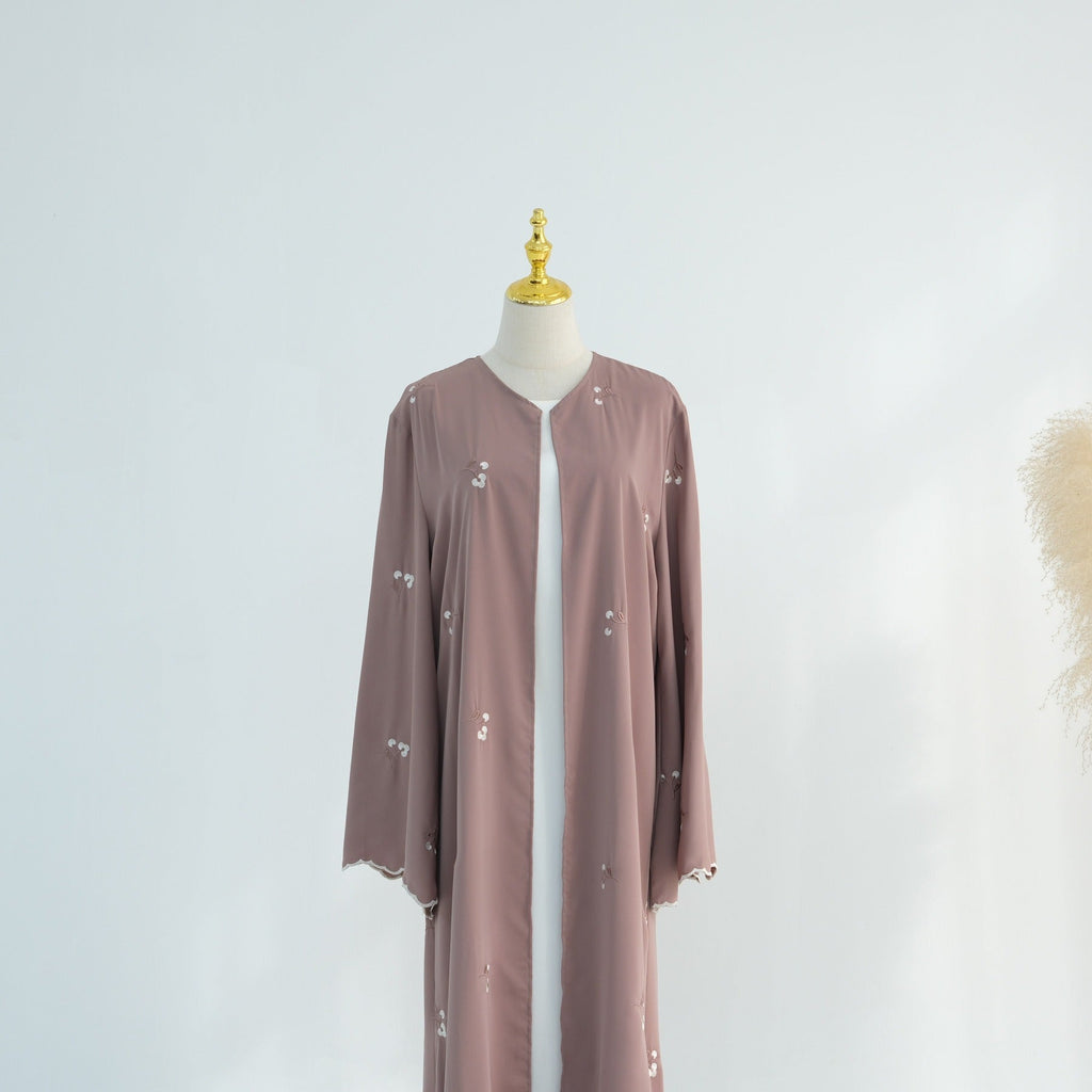 LM314 Cardigan Broderie Florale avec Ensemble Hijab - Tenue Modeste Élégante 2 Pièces pour Femmes Musulmanes