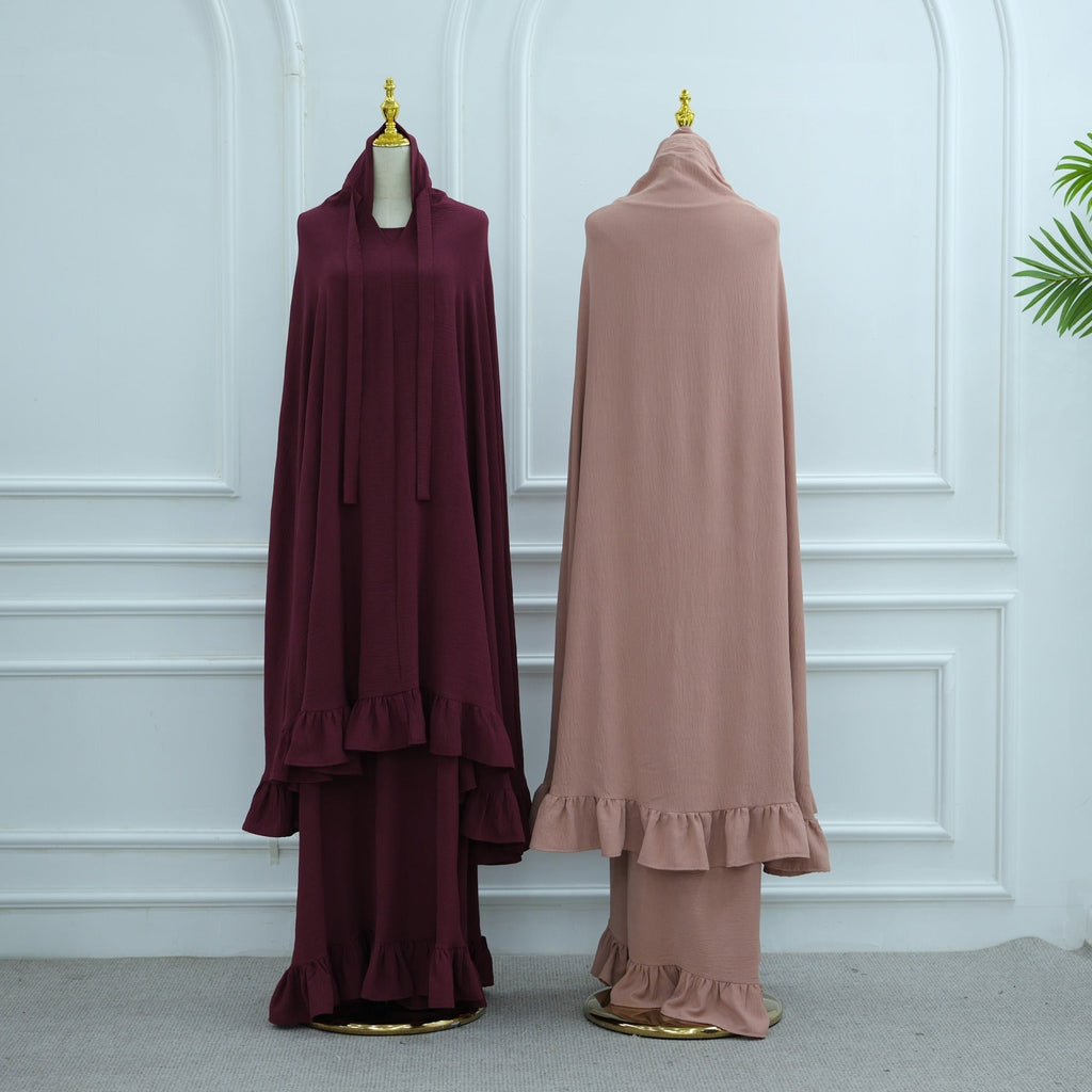 LM315 Robe de Prière Mousseline Froissée avec Grand Ensemble Hijab - Abaya Couleur Unie pour Femmes Musulmanes
