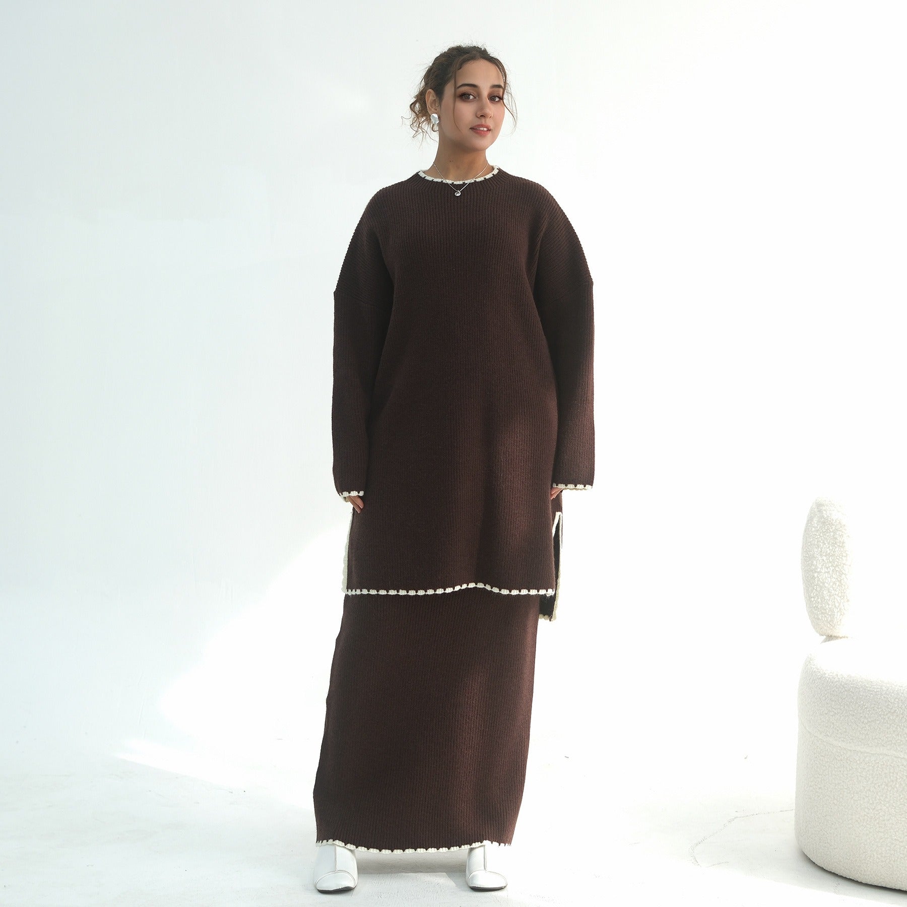 LM325 Ensemble 2 Pièces Tricot Épais Hiver - Mode Modeste Chaude pour Femmes Musulmanes