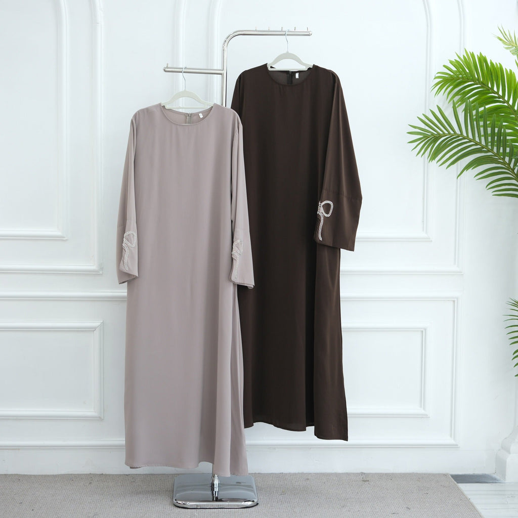 LM311 Robe Abaya Luxueuse Manches Nœud Strass - Élégante Robe Maxi Perlée pour Femmes Musulmanes