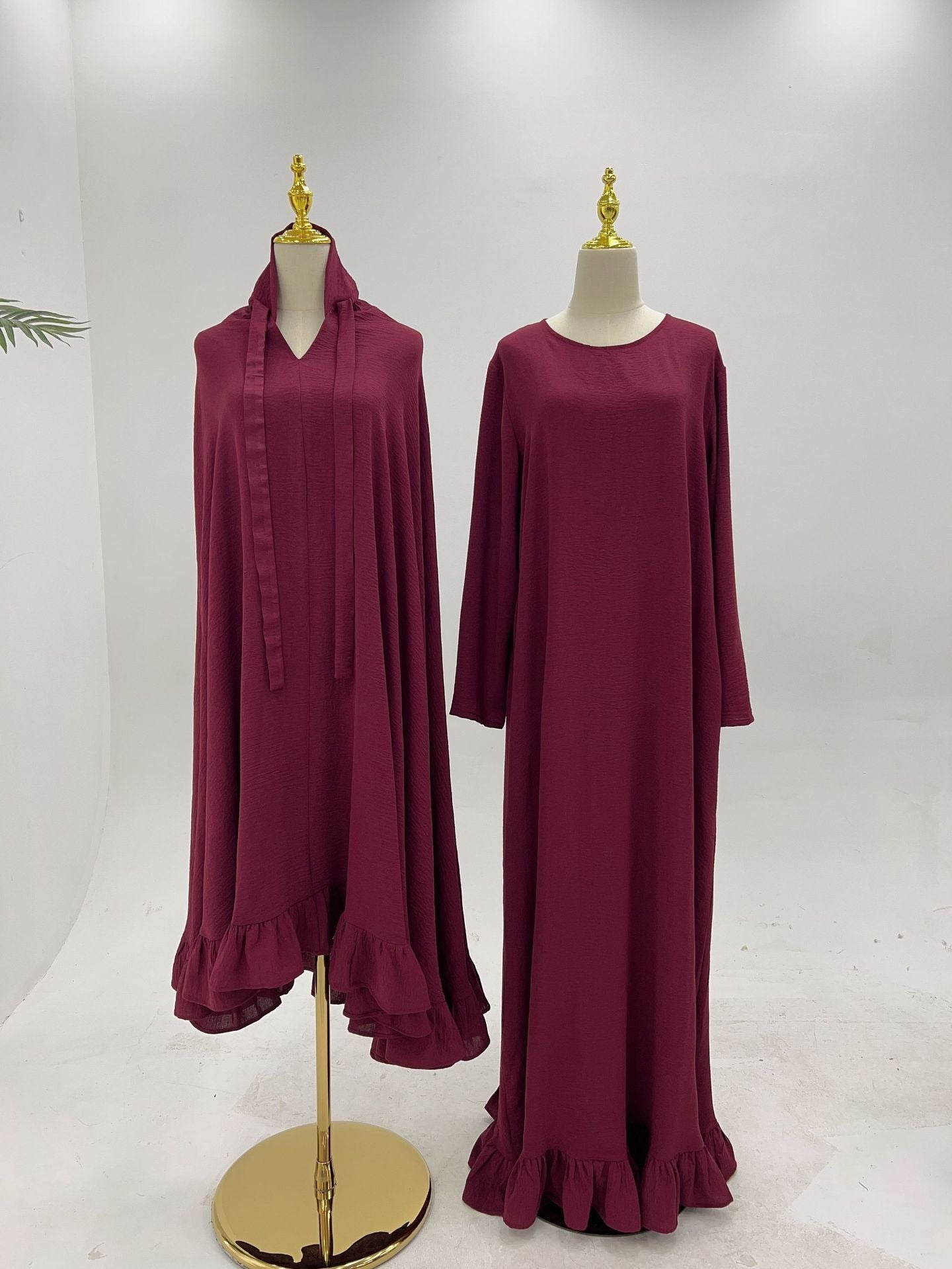 LM315 Robe de Prière Mousseline Froissée avec Grand Ensemble Hijab - Abaya Couleur Unie pour Femmes Musulmanes