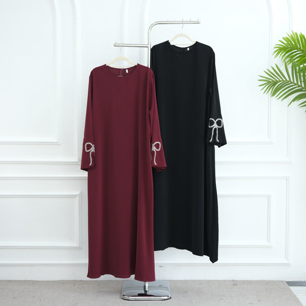 LM311 Robe Abaya Luxueuse Manches Nœud Strass - Élégante Robe Maxi Perlée pour Femmes Musulmanes